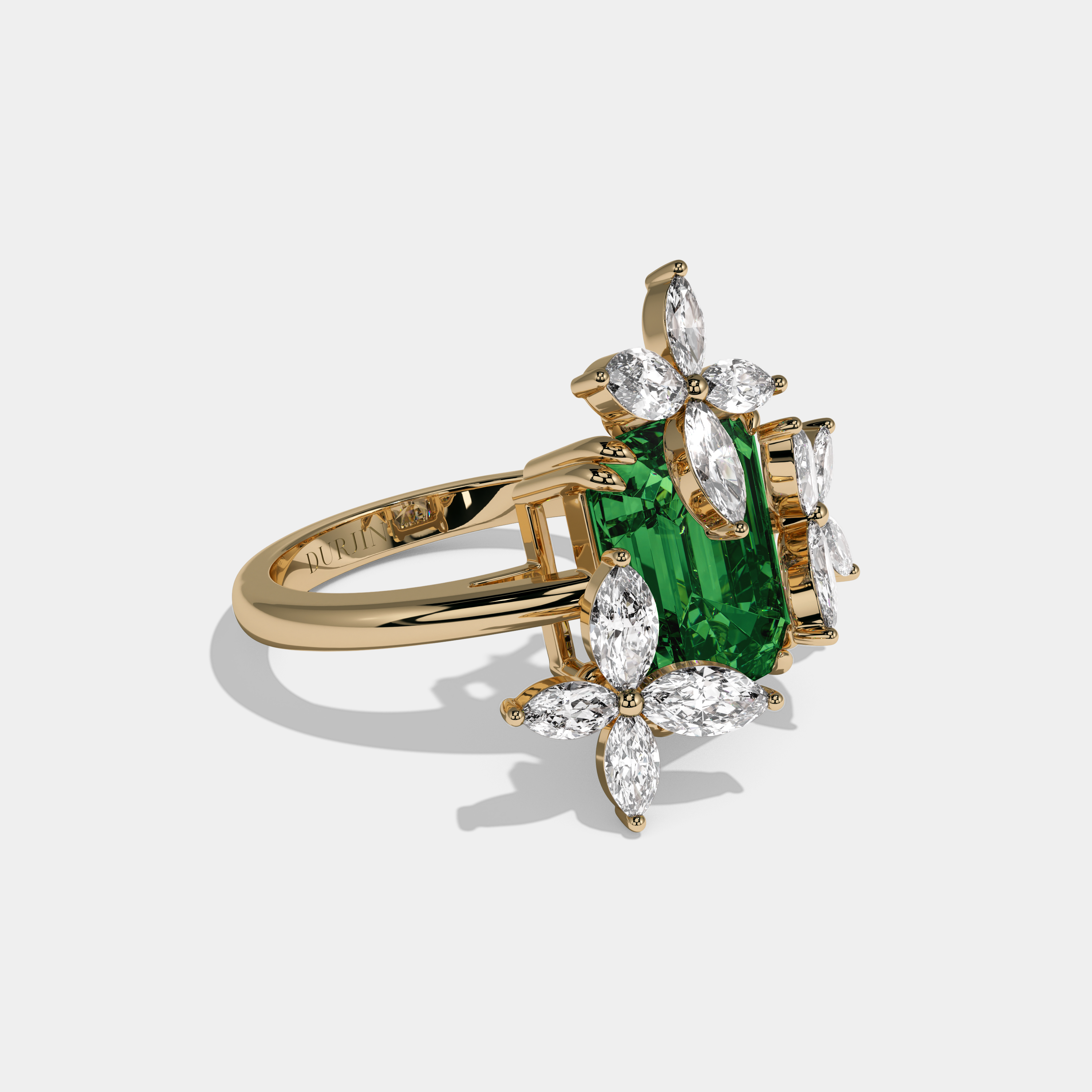 Alice Fancy Dark Green Emerald Cut Floral Limited Edition Diamond Plain Band Engagement Ring 9ct 18K Yellow Gold