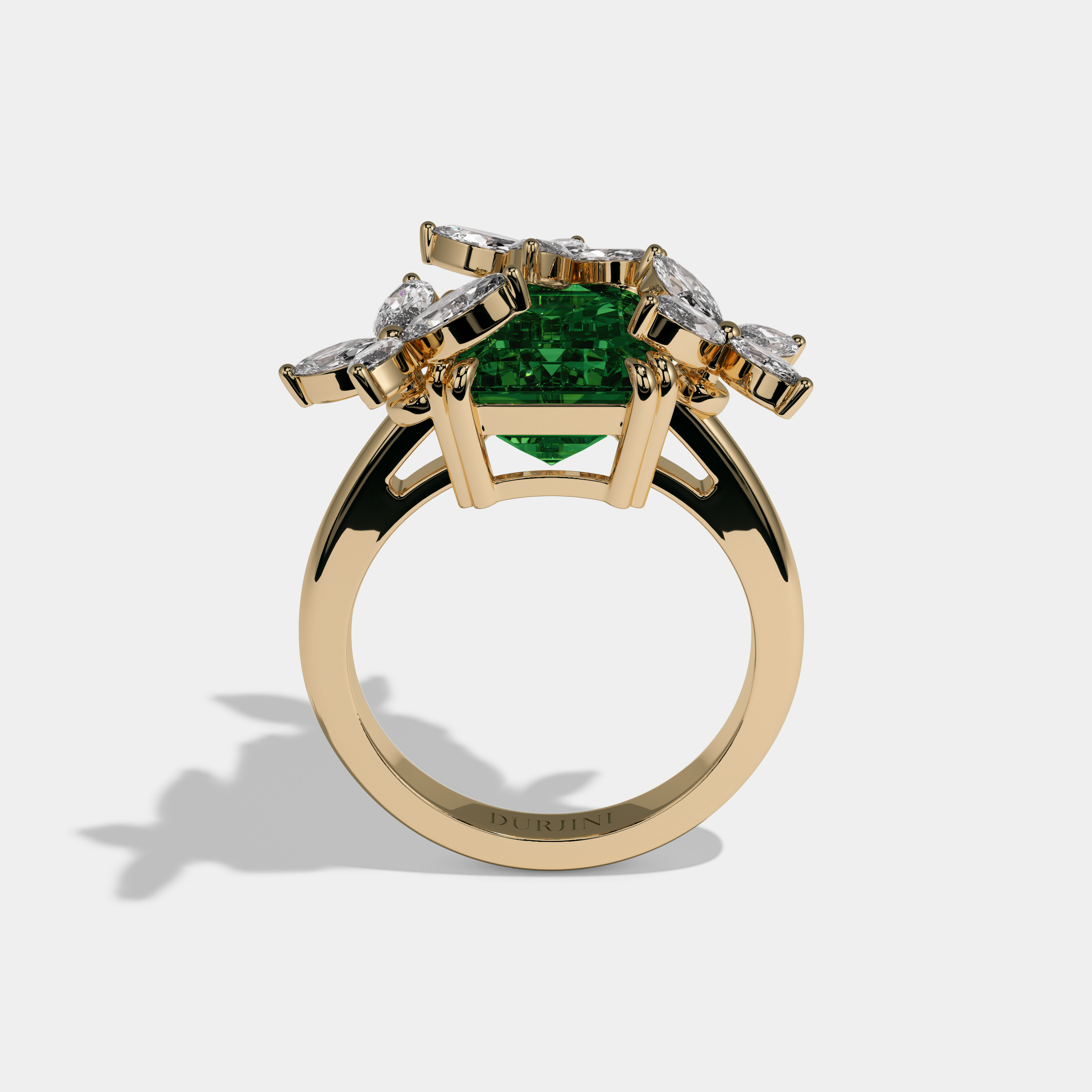 Alice Fancy Dark Green Emerald Cut Floral Limited Edition Diamond Plain Band Engagement Ring 9ct 18K Yellow Gold