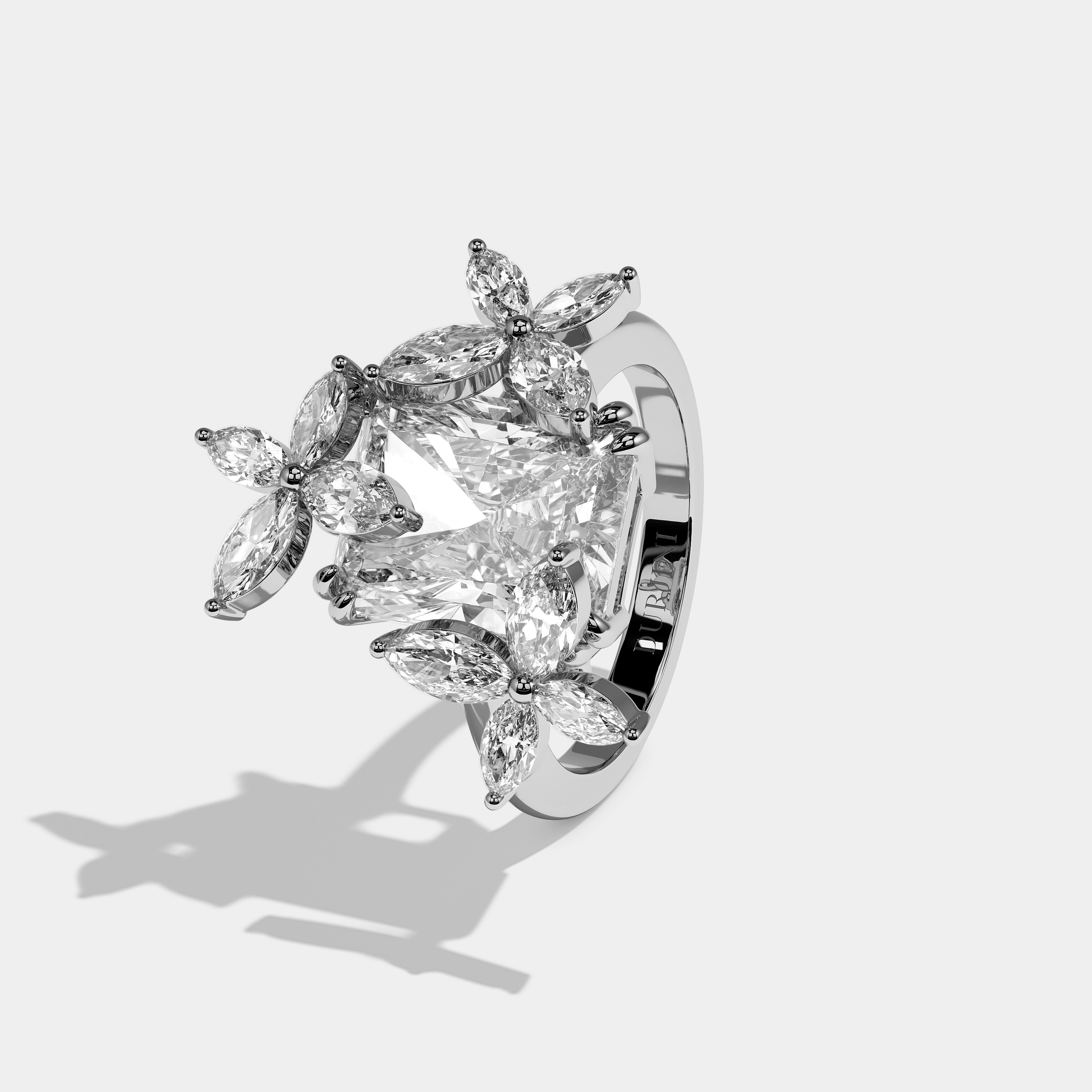 Left View – Kurbãni Durjini Valmont Eclat Diamond Radiant Halo Engagement Ring White Gold