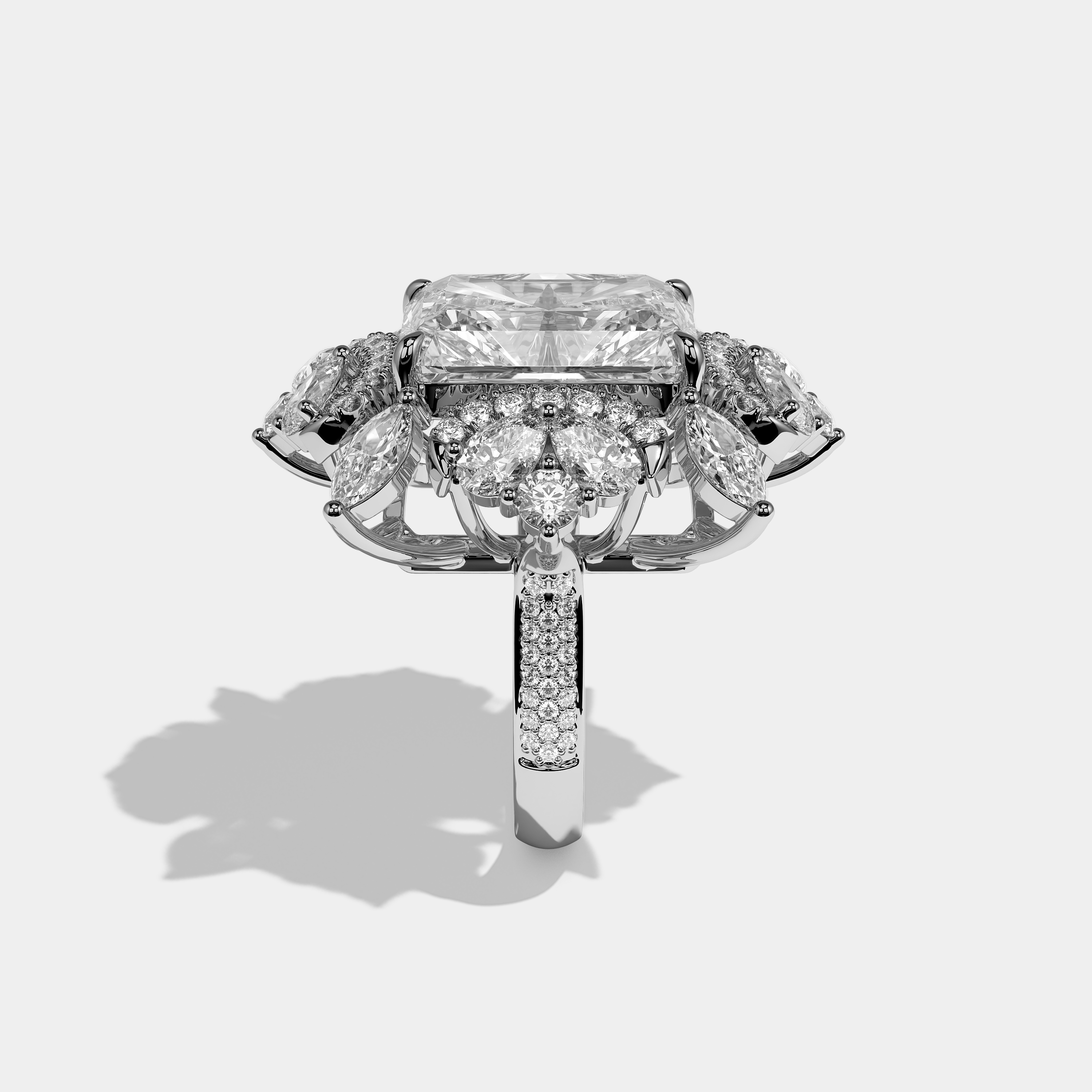 Side View – Kurbãni Durjini Beaufort Elegance Diamond Radiant Halo Engagement Ring White Gold