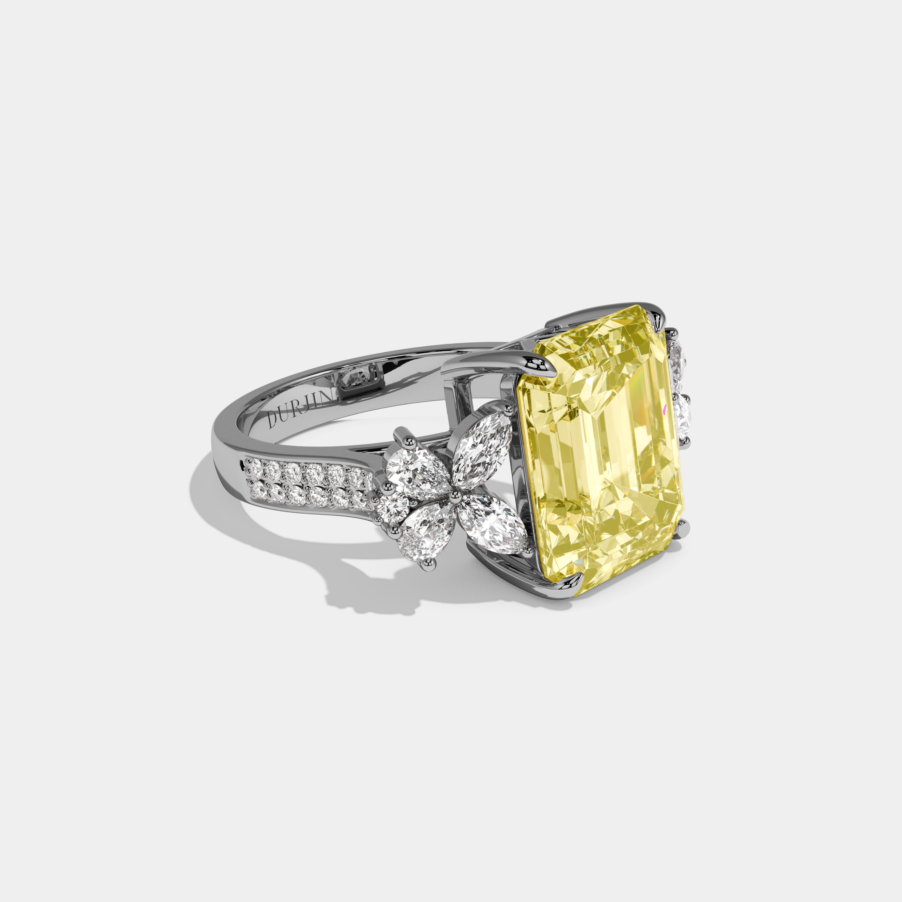 Noemi Fancy Yellow Emerald Cut Diamond Halo With Butterfly Side Diamond Band Engagement Ring 10ct 18k White Gold
