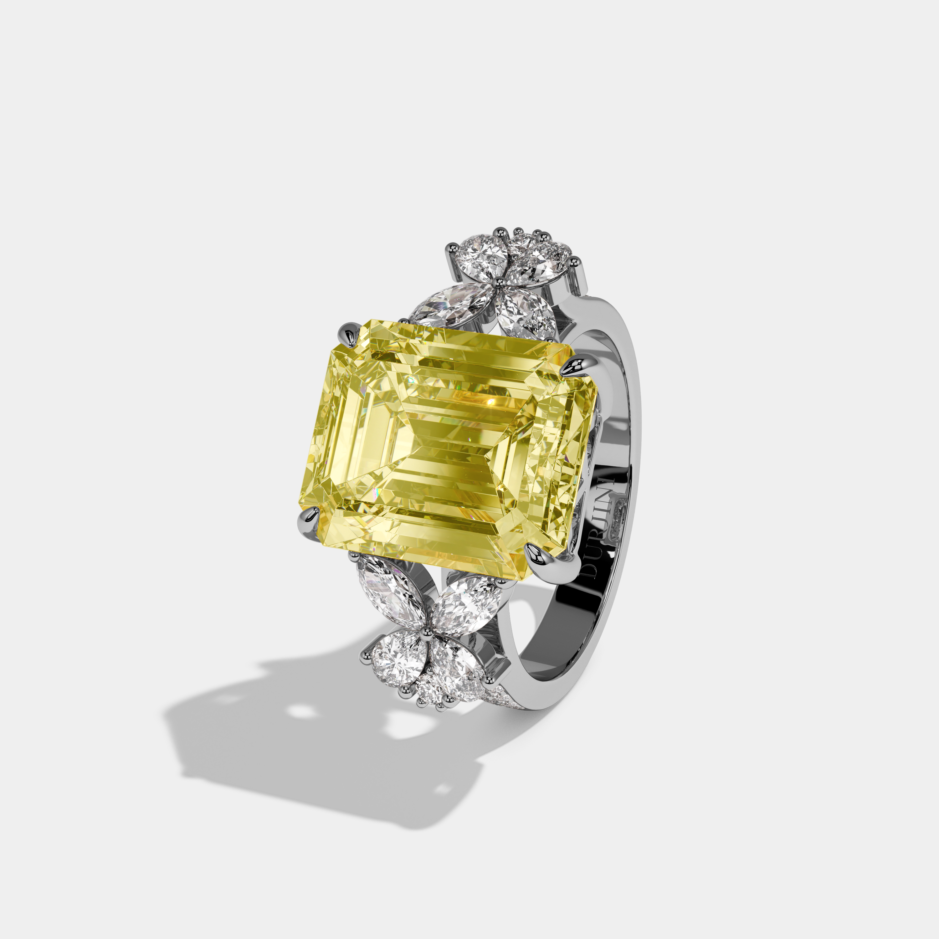 Noemi Fancy Yellow Emerald Cut Diamond Halo With Butterfly Side Diamond Band Engagement Ring 10ct 18k White Gold