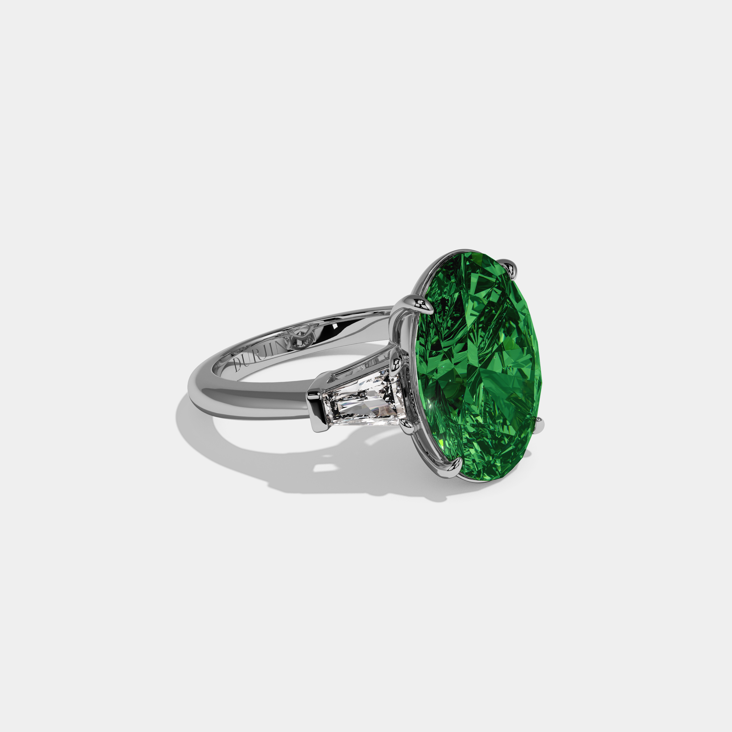 Alexandra Fancy Dark Green Oval Cut Diamond Plain Band With Tapered Baguette Cut Sides Engagement Ring 8ct 18K White Gold