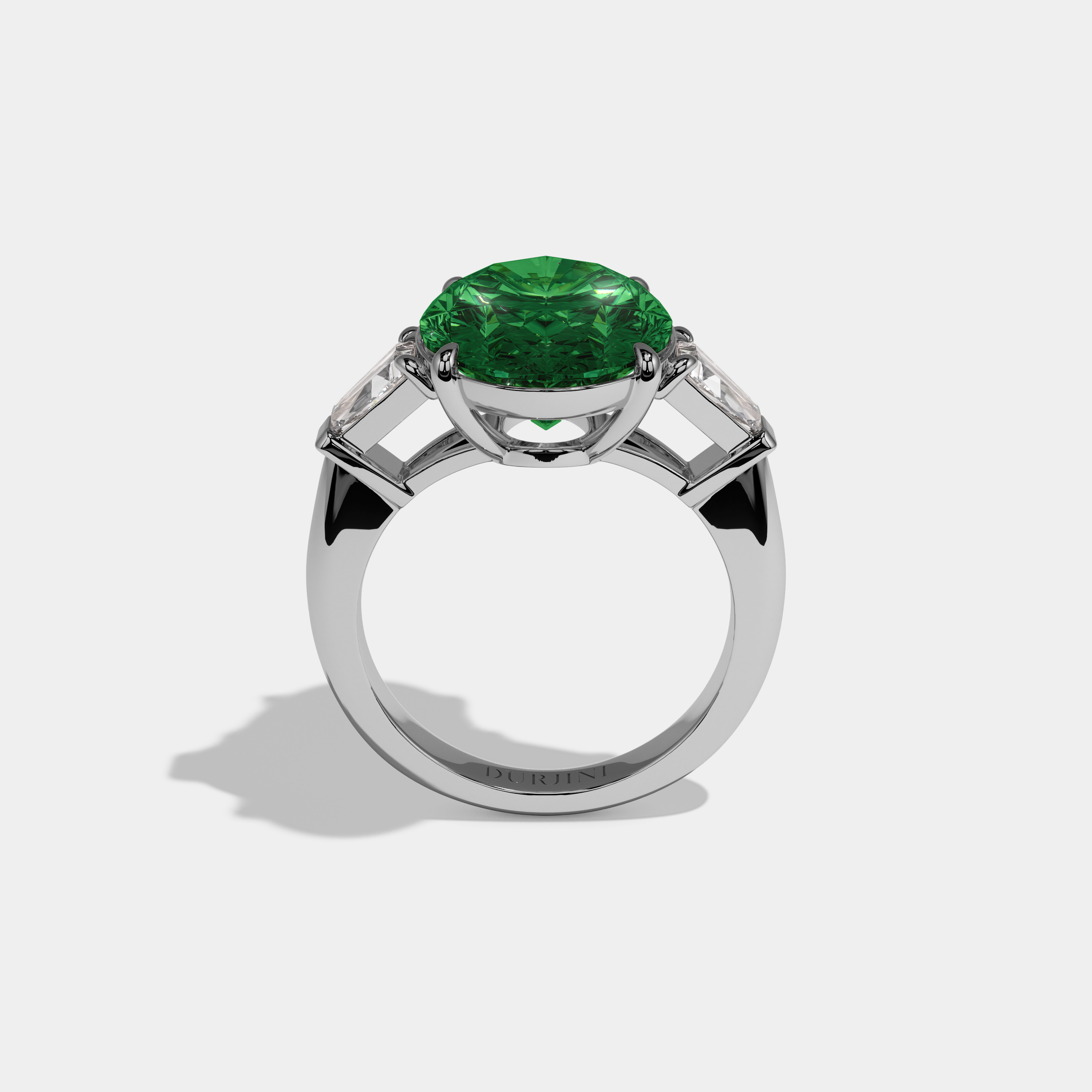 Alexandra Fancy Dark Green Oval Cut Diamond Plain Band With Tapered Baguette Cut Sides Engagement Ring 8ct 18K White Gold
