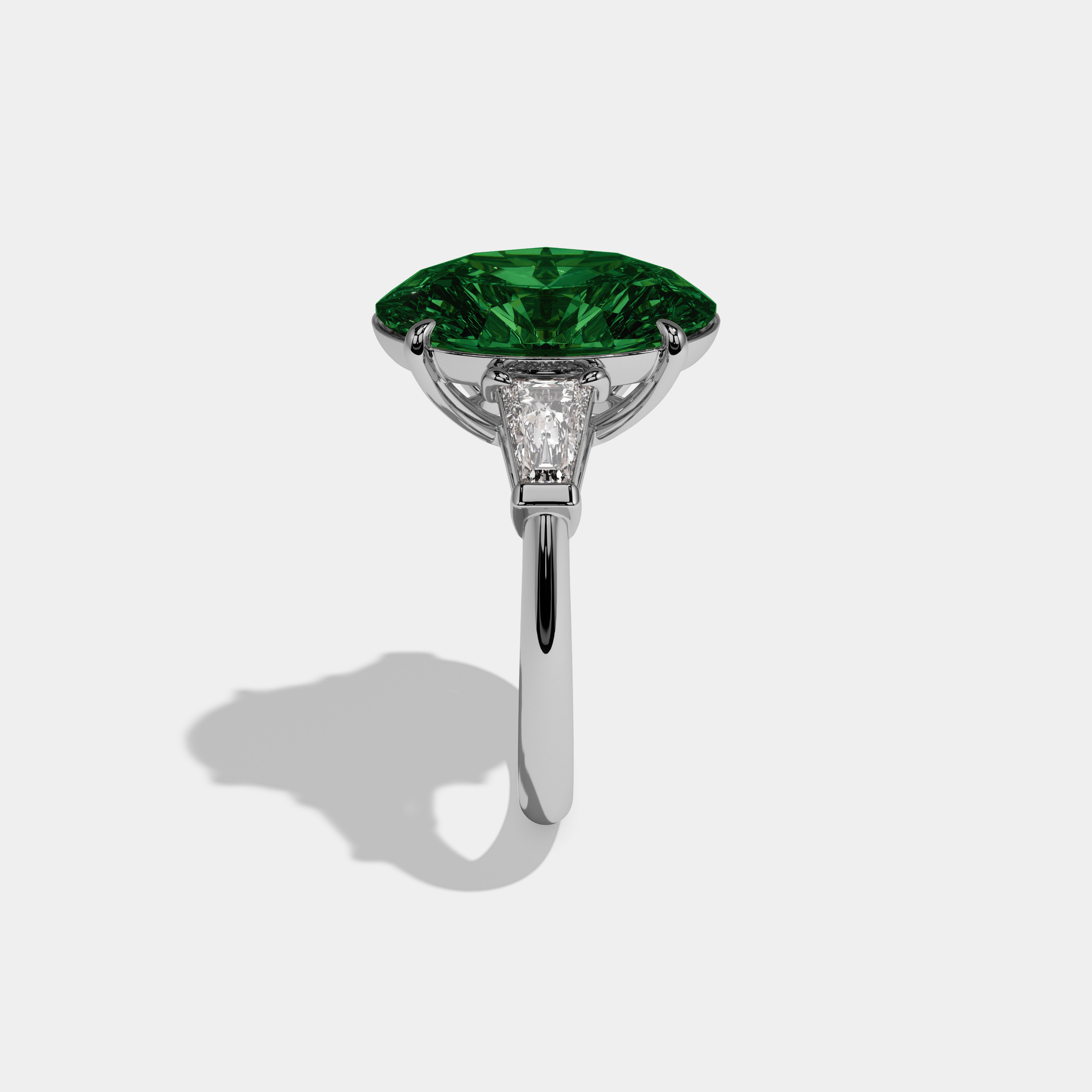 Alexandra Fancy Dark Green Oval Cut Diamond Plain Band With Tapered Baguette Cut Sides Engagement Ring 8ct 18K White Gold
