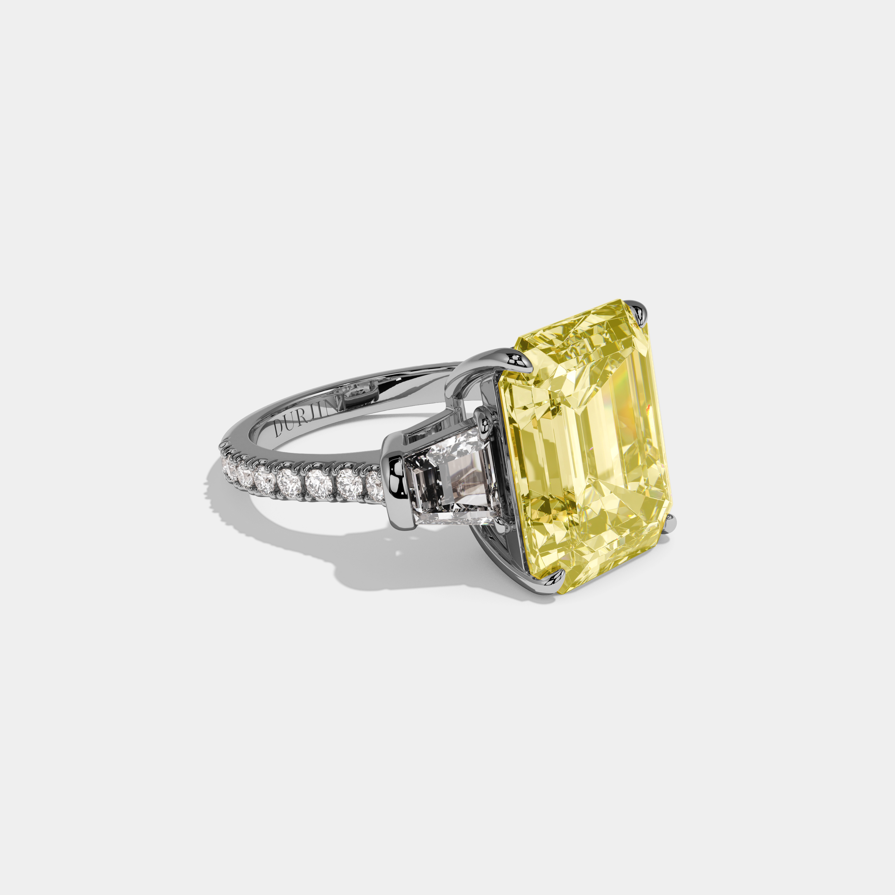 Amaris Fancy Yellow Emerald Cut Diamond Halo Band With Twin Stepcut Sides Engagement Ring 10ct 18k White Gold