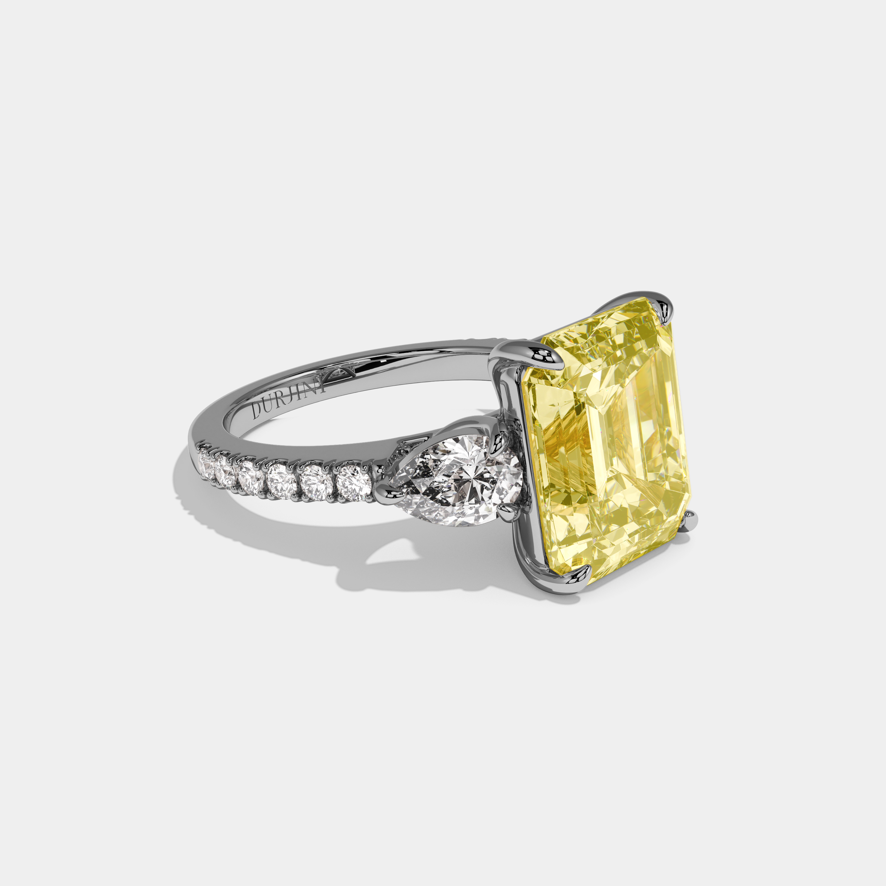Savannah Fancy Yellow Emerald Cut Diamond Halo with Pear Sides Engagement Ring 10ct 18k White Gold
