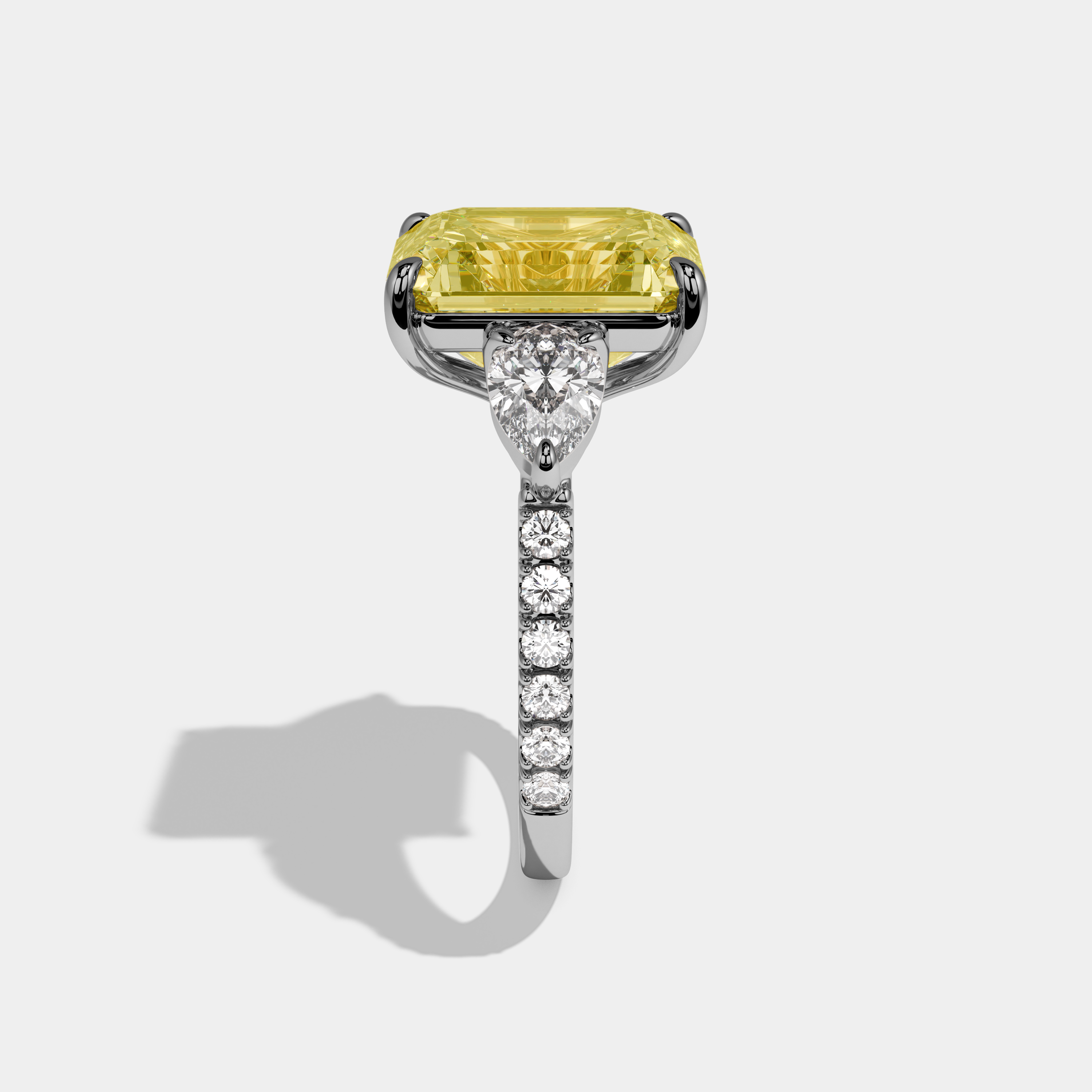 Savannah Fancy Yellow Emerald Cut Diamond Halo with Pear Sides Engagement Ring 10ct 18k White Gold