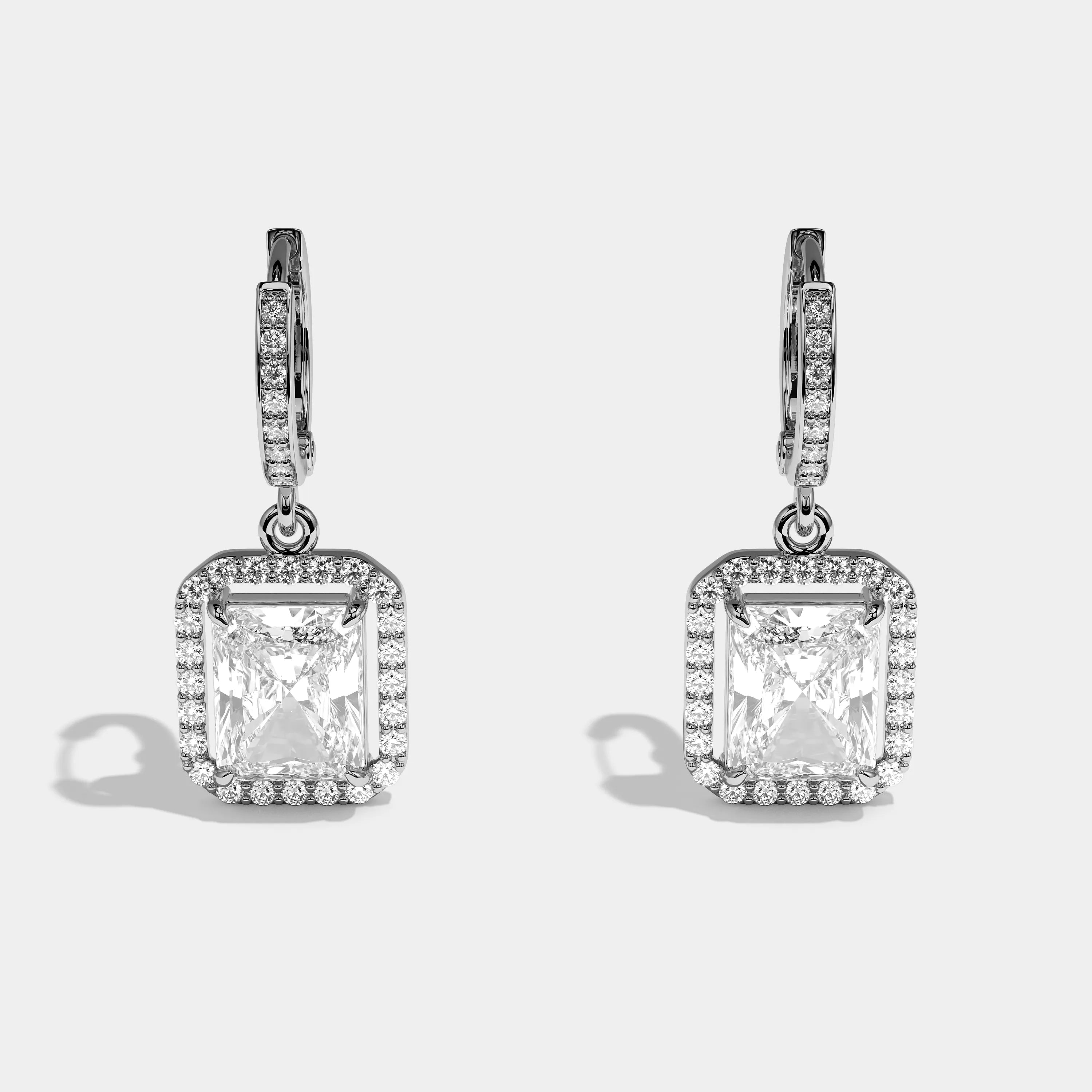 Front view Everard Elan Diamond Radiant Twin Halo Earrings White Gold Kurbãni Durjini