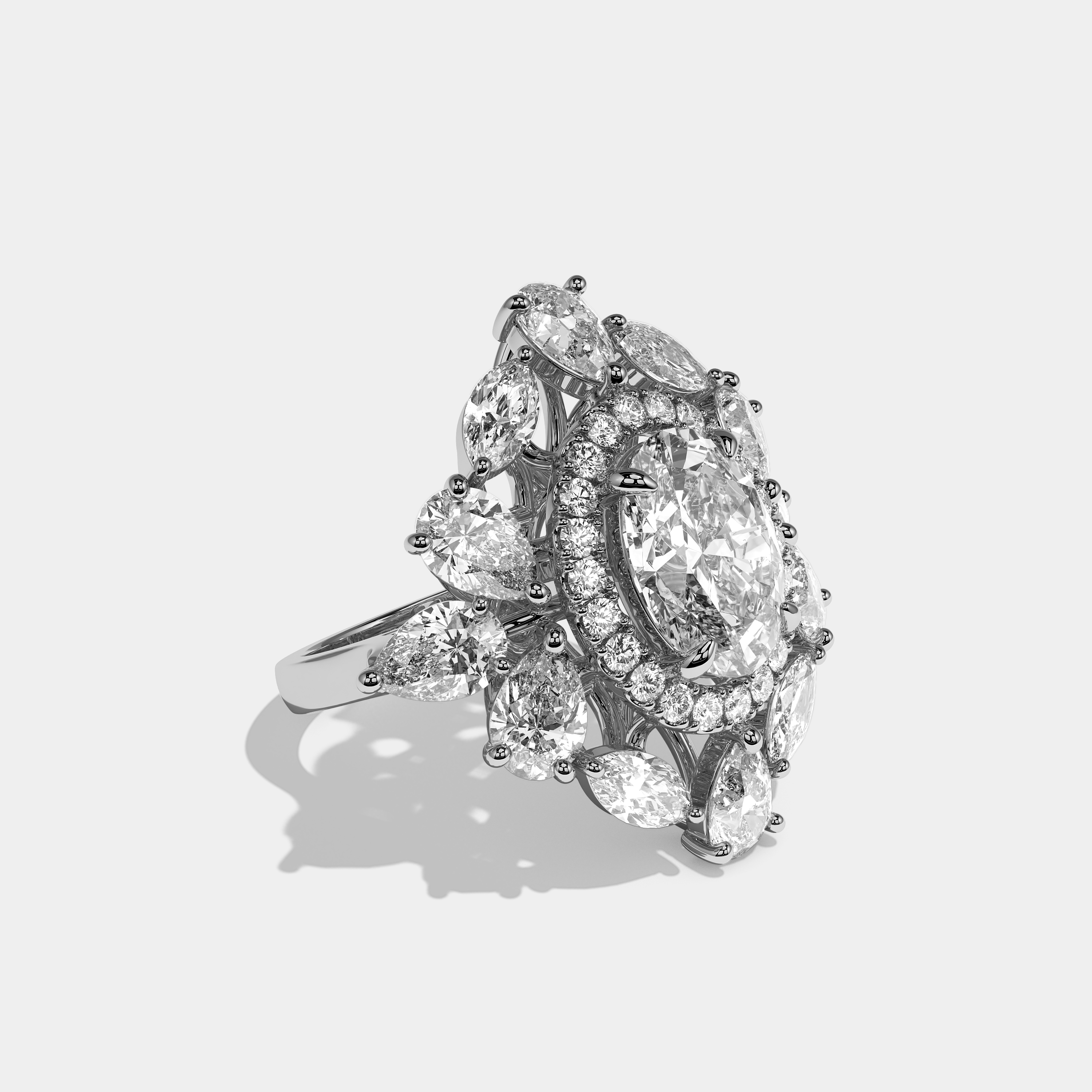 Adelaide oval halo diamond engagement ring in 18K white gold by Kurbãni Durjini, right view