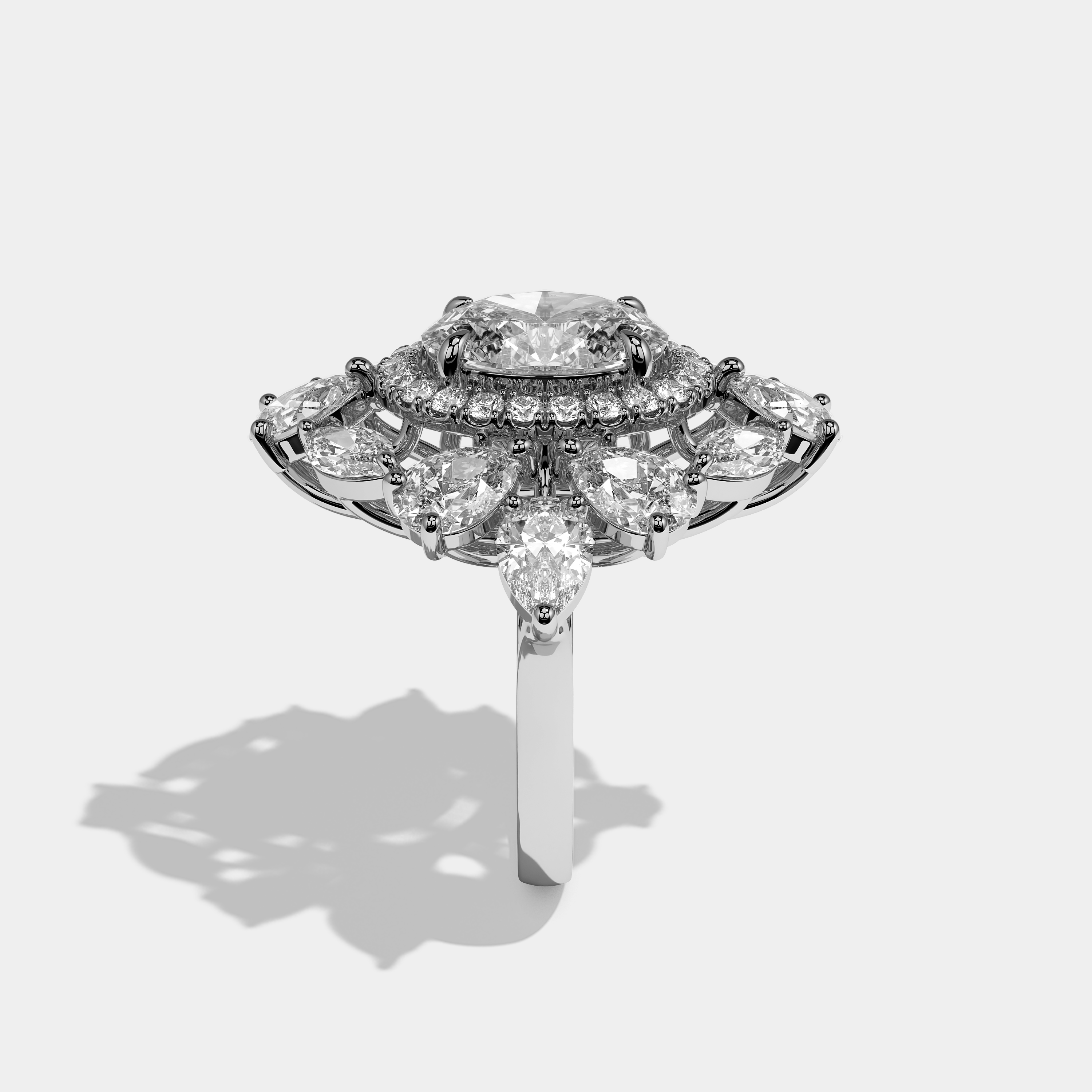 Adelaide oval halo diamond engagement ring in 18K white gold by Kurbãni Durjini, side view