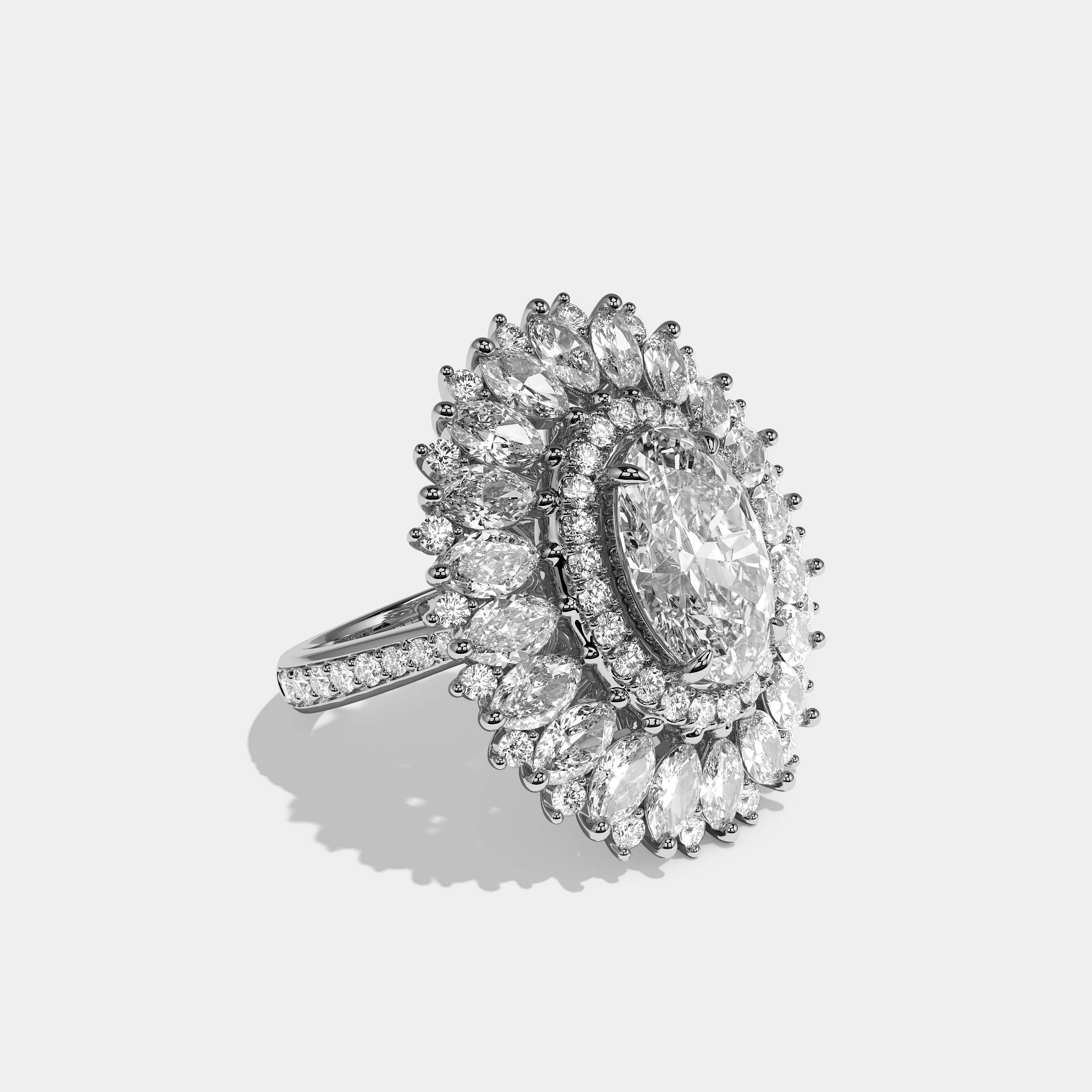 Florence Eclat oval brilliant halo diamond engagement ring in 18K white gold by Kurbãni Durjini, right view