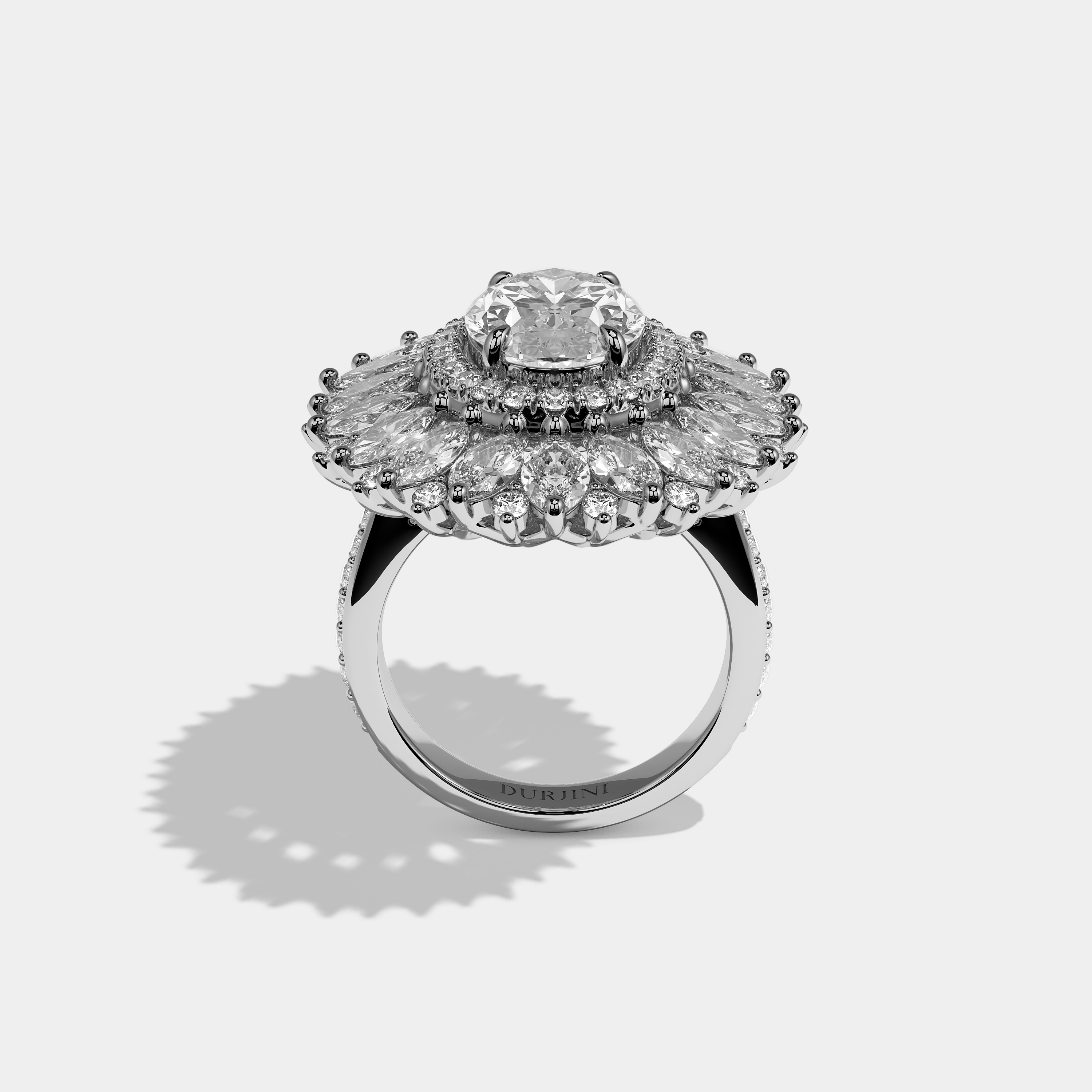 Florence Eclat oval brilliant halo diamond engagement ring in 18K white gold by Kurbãni Durjini, full view