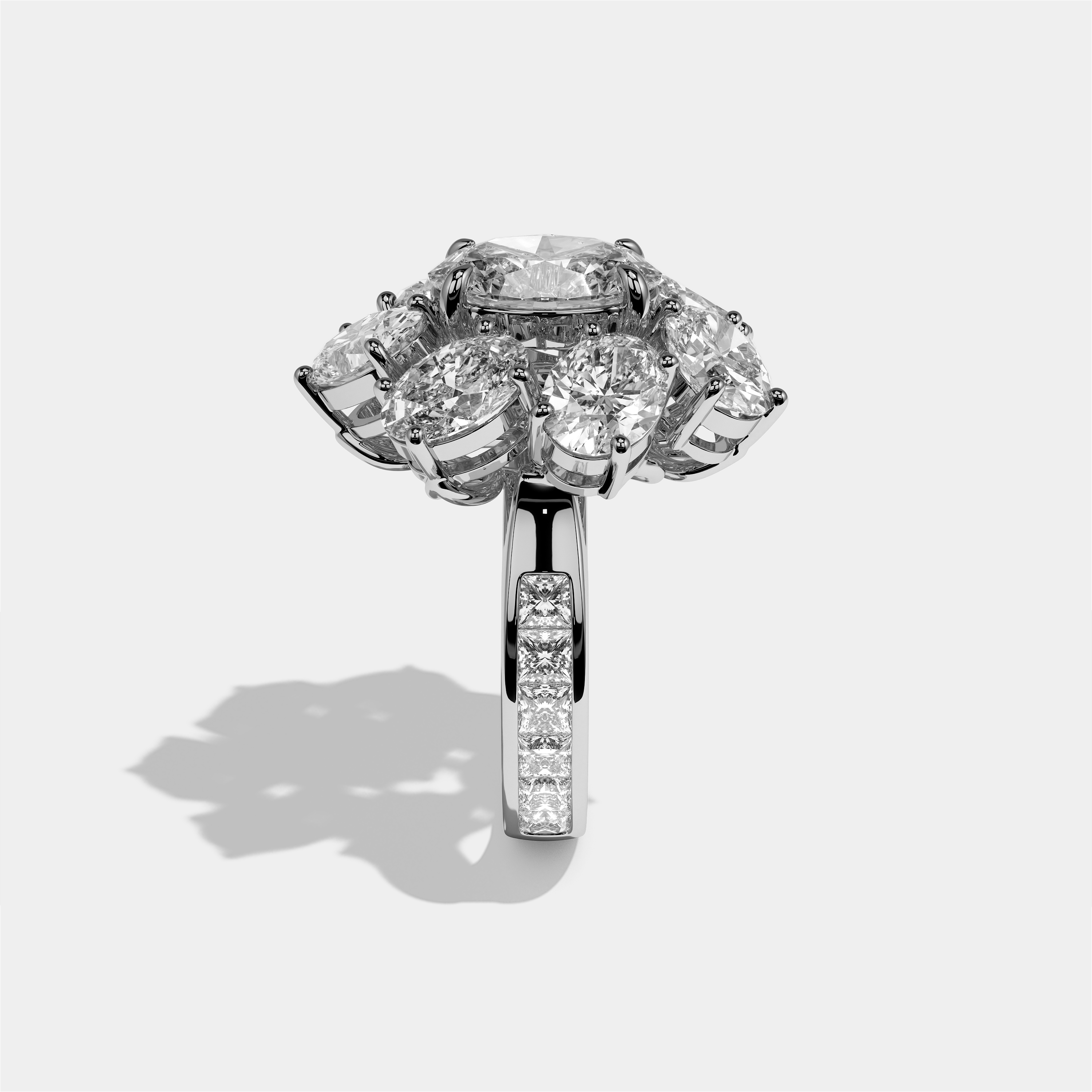 Edith Elan oval halo diamond engagement ring in 18K white gold by Kurbãni Durjini, side view