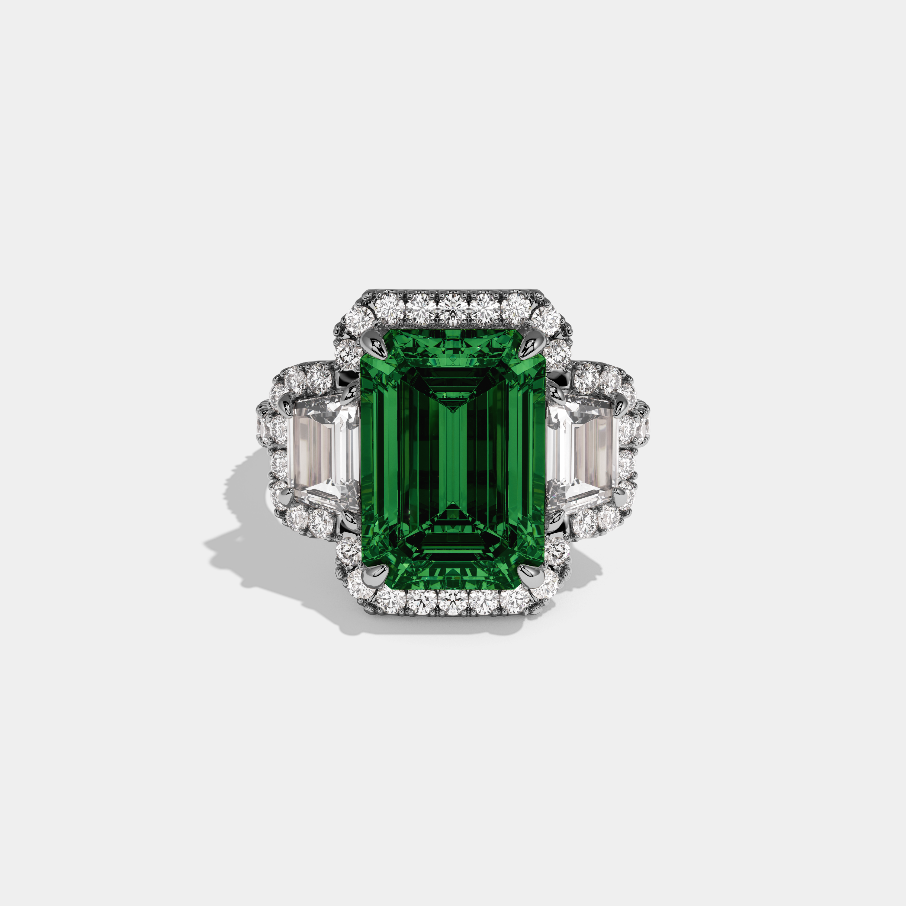 Beatrice Fancy Dark Green Emerald Cut Diamond Band With Halo Engagement Ring 8ct 18K White Gold