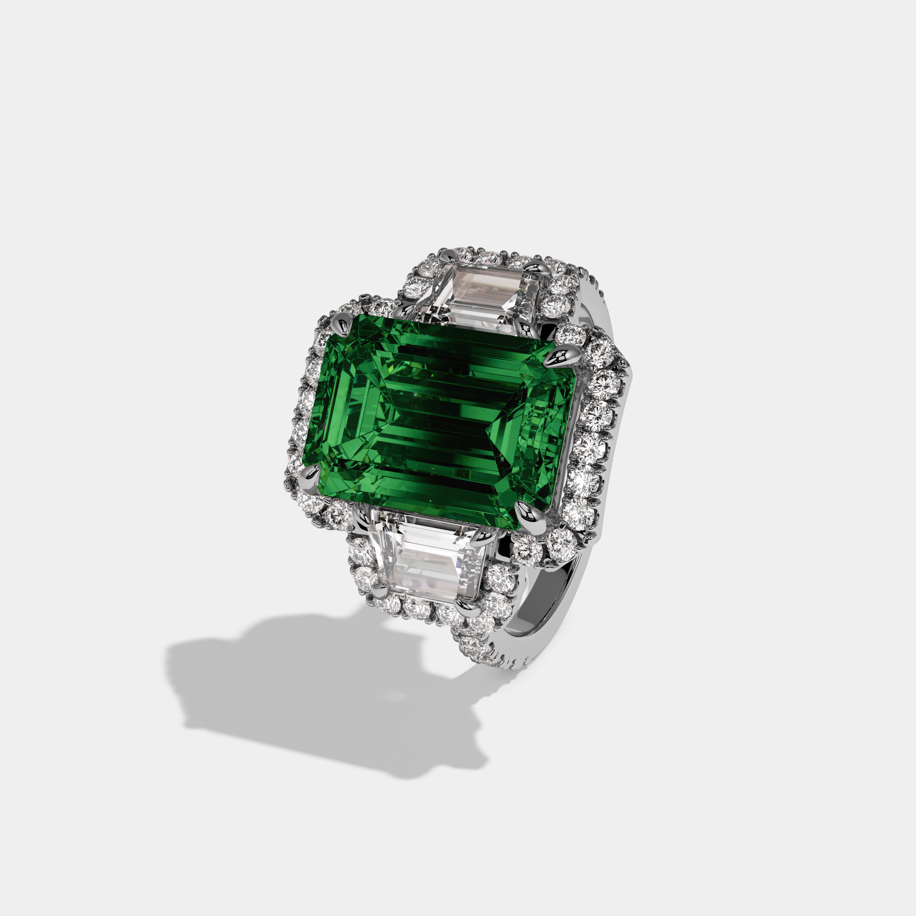 Beatrice Fancy Dark Green Emerald Cut Diamond Band With Halo Engagement Ring 8ct 18K White Gold