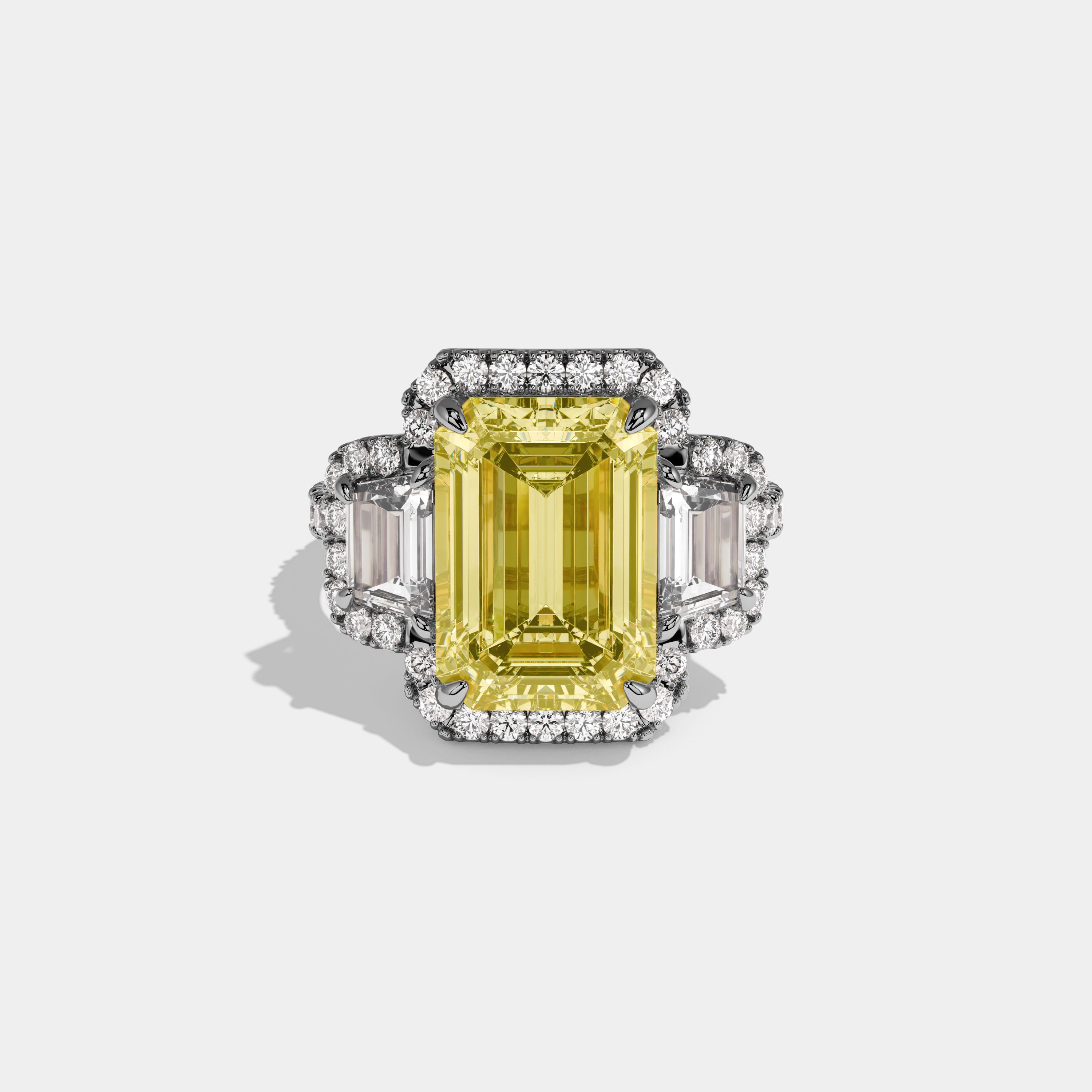 Lumina Fancy Yellow Emerald Cut Diamond Band With Step Cut Sides Engagement Ring 10ct 18k White Gold