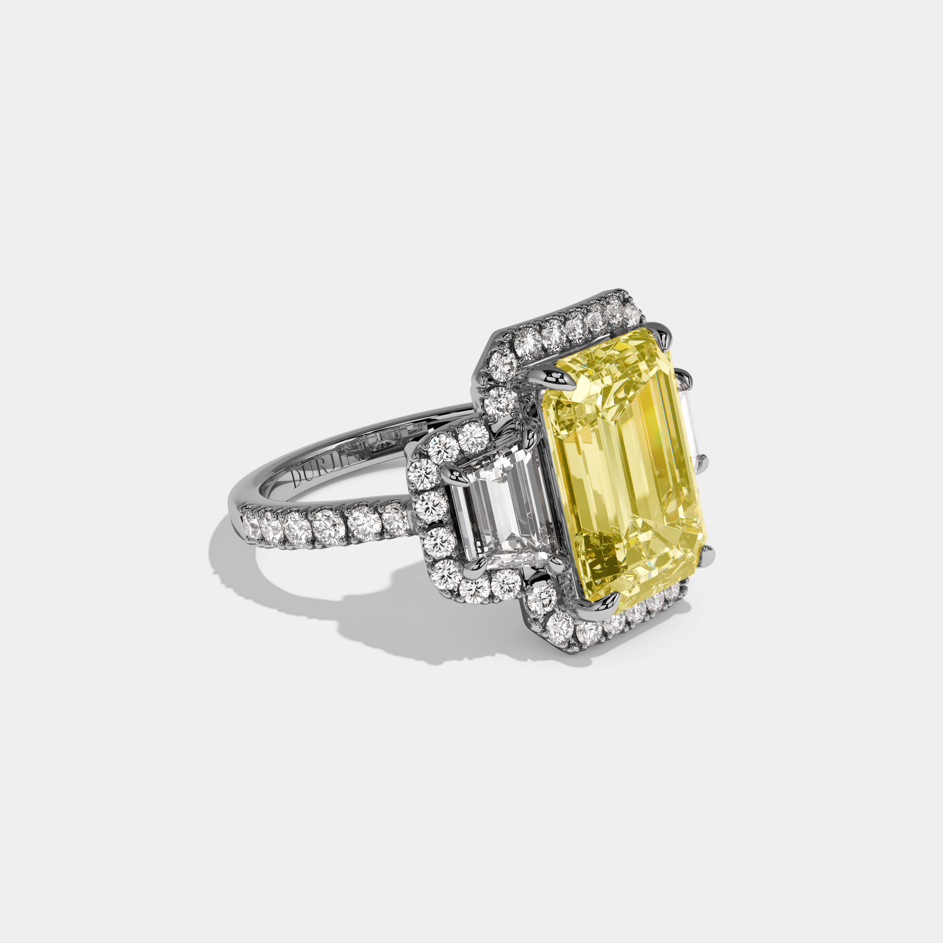 Lumina Fancy Yellow Emerald Cut Diamond Band With Step Cut Sides Engagement Ring 10ct 18k White Gold