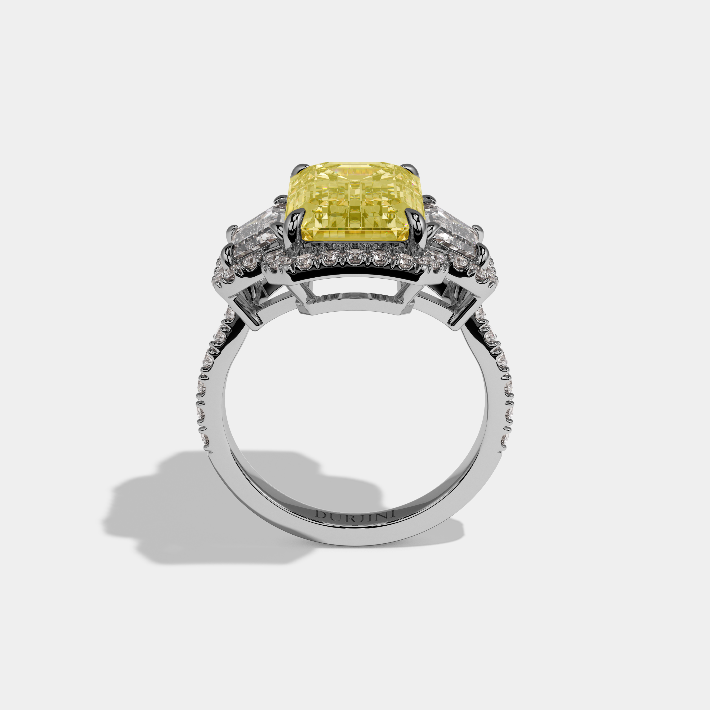 Lumina Fancy Yellow Emerald Cut Diamond Band With Step Cut Sides Engagement Ring 10ct 18k White Gold