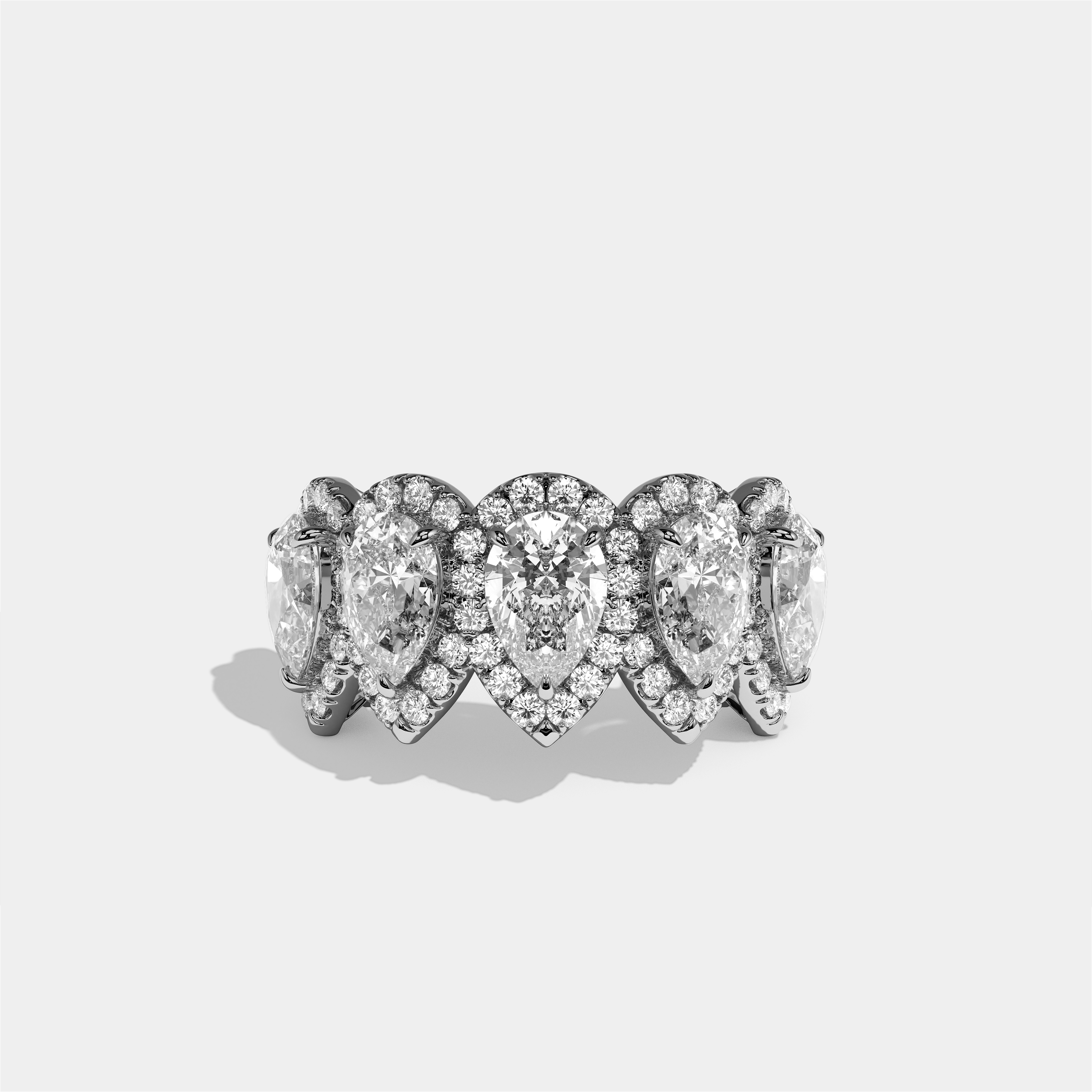 Maud Elan pear halo diamond engagement ring in 18K white gold by Kurbãni Durjini, front view