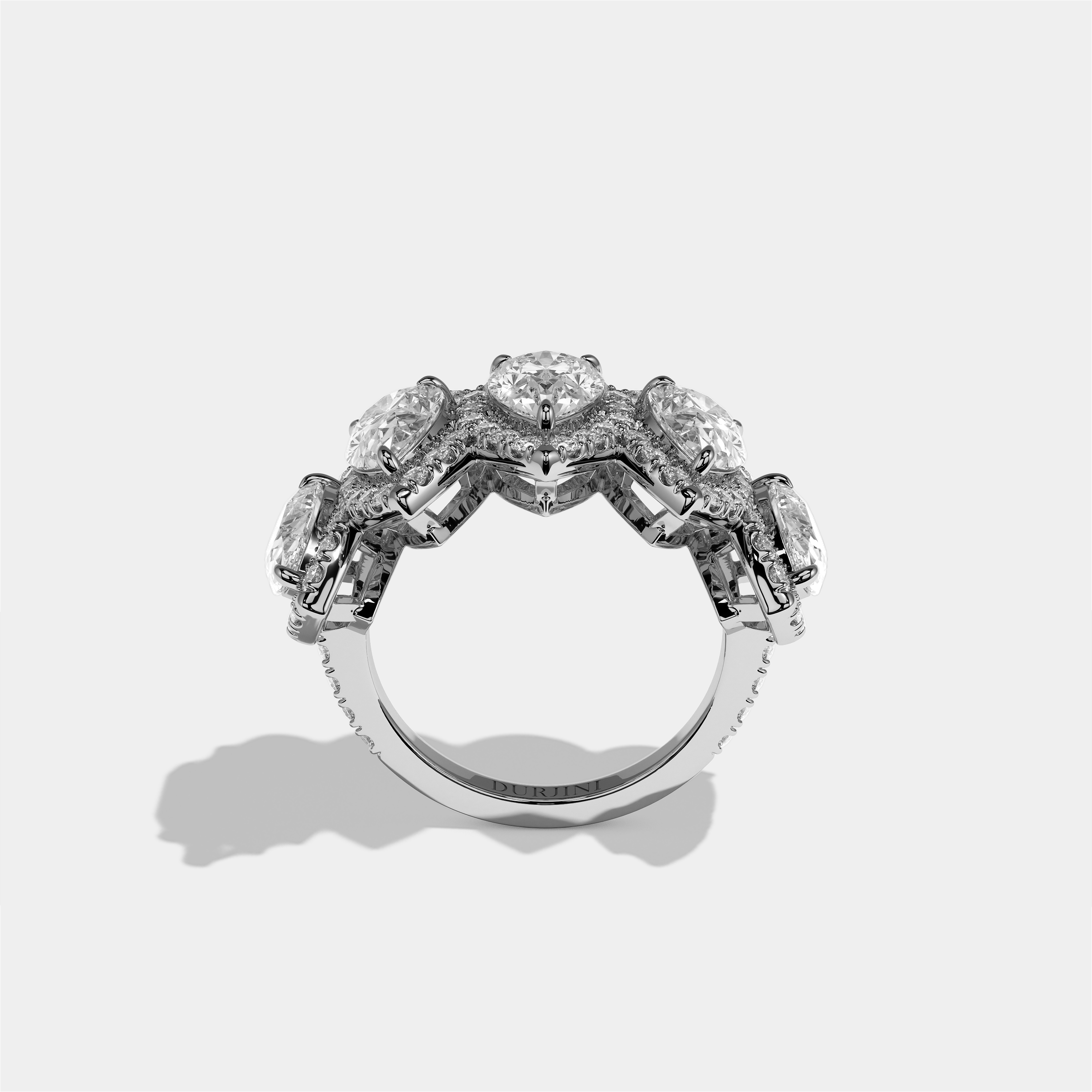 Maud Elan pear halo diamond engagement ring in 18K white gold by Kurbãni Durjini, full view