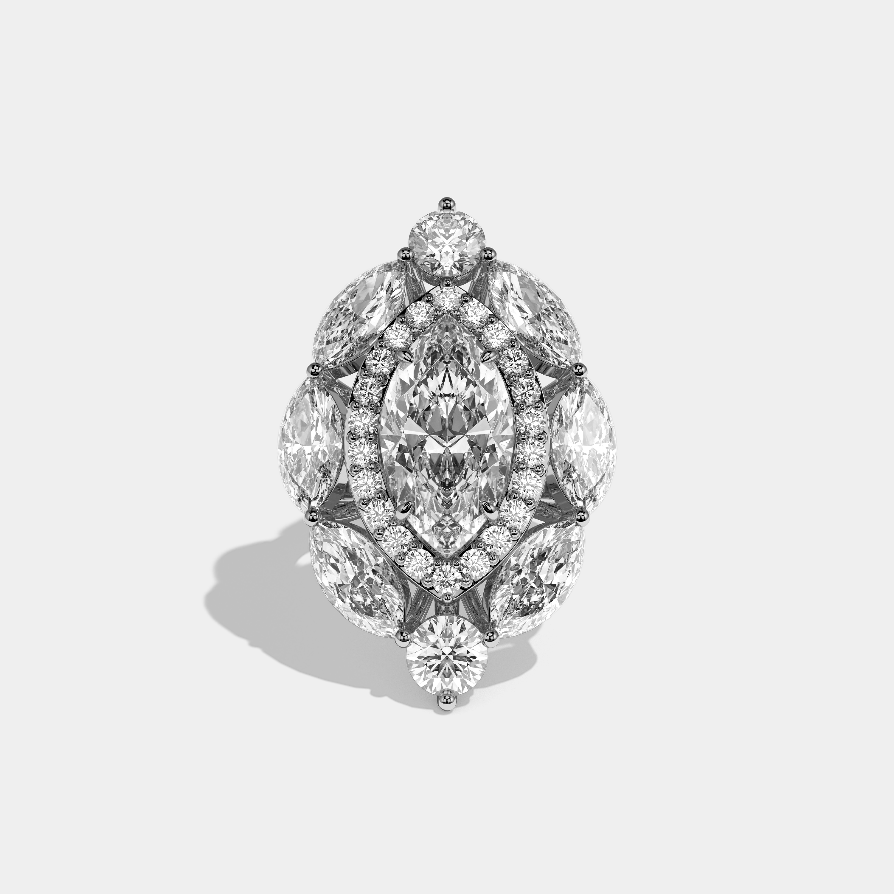 Louisa Eclat marquise diamond engagement ring in 18K white gold by Kurbãni Durjini, front view