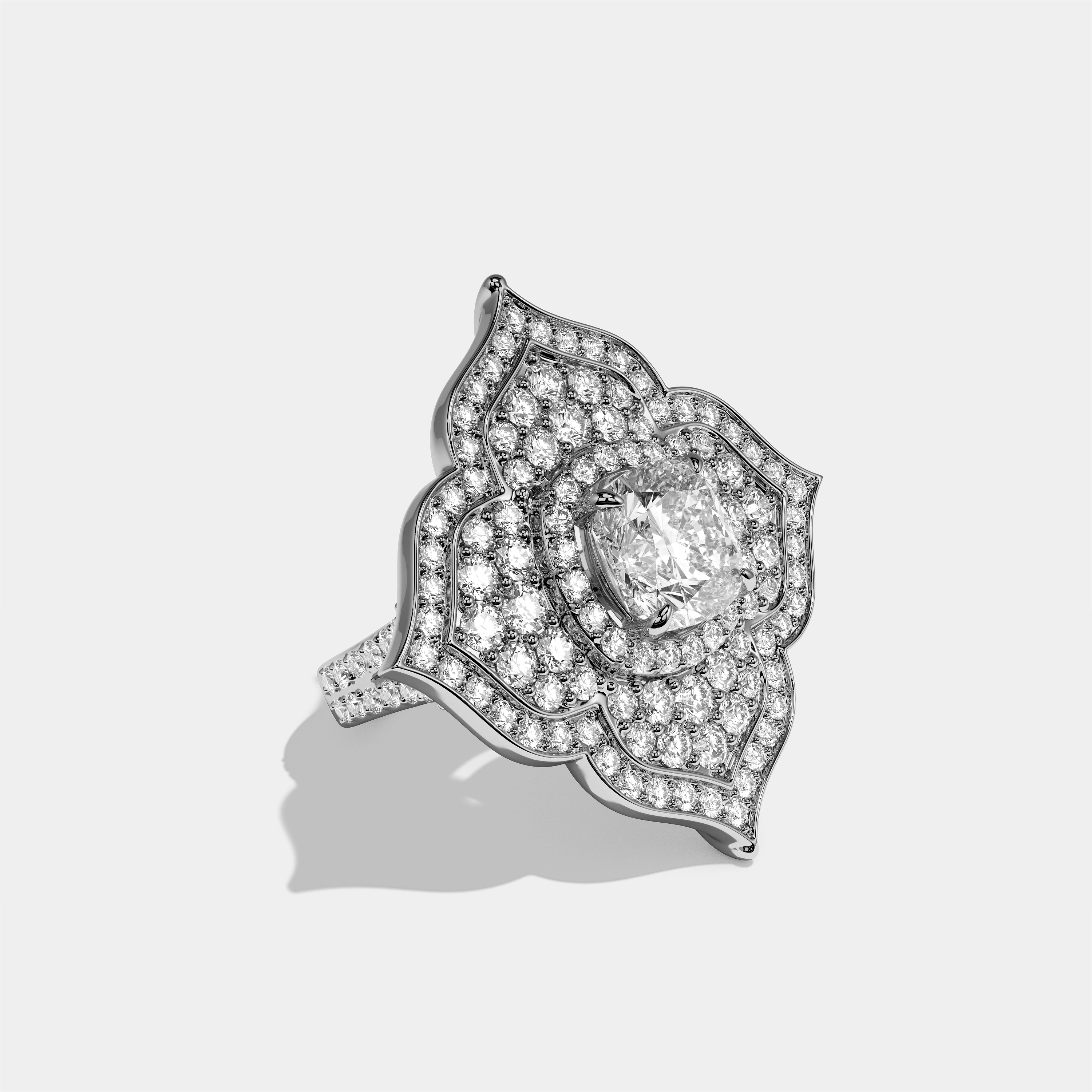 Clara Elan cushion diamond engagement ring in 18K white gold by Kurbãni Durjini, right view
