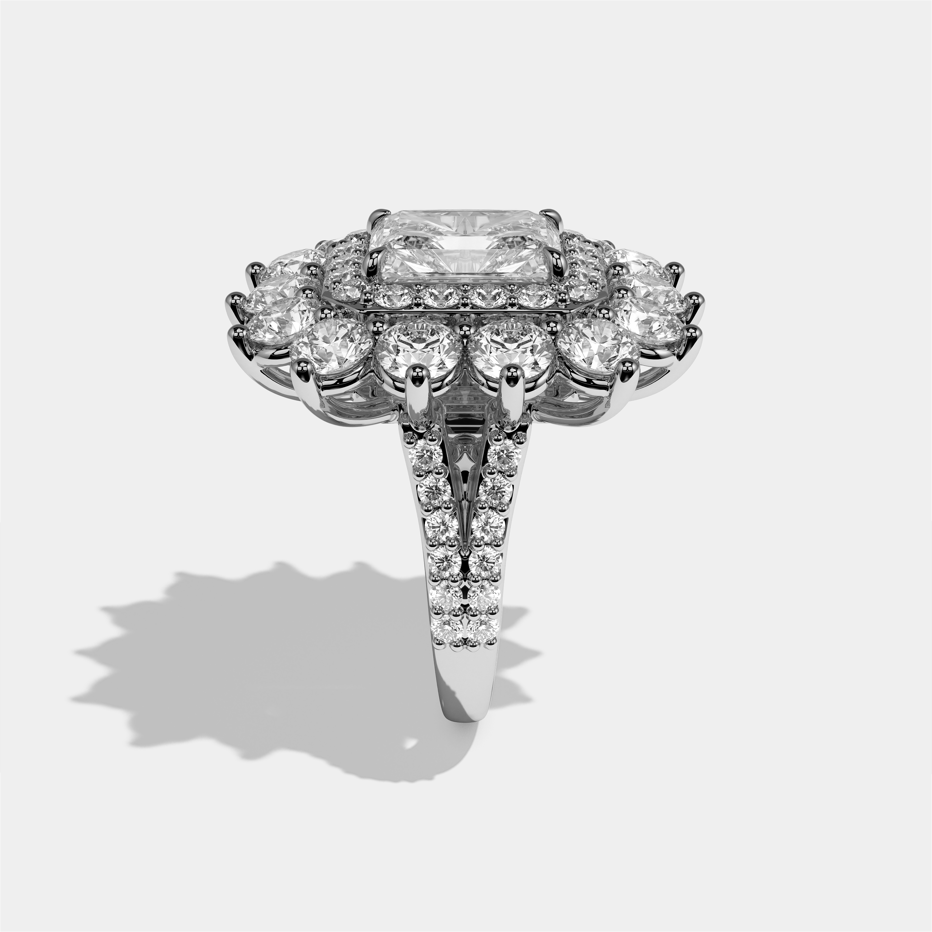 Matilda Etoile radiant diamond engagement ring in 18K white gold by Kurbãni Durjini, side view