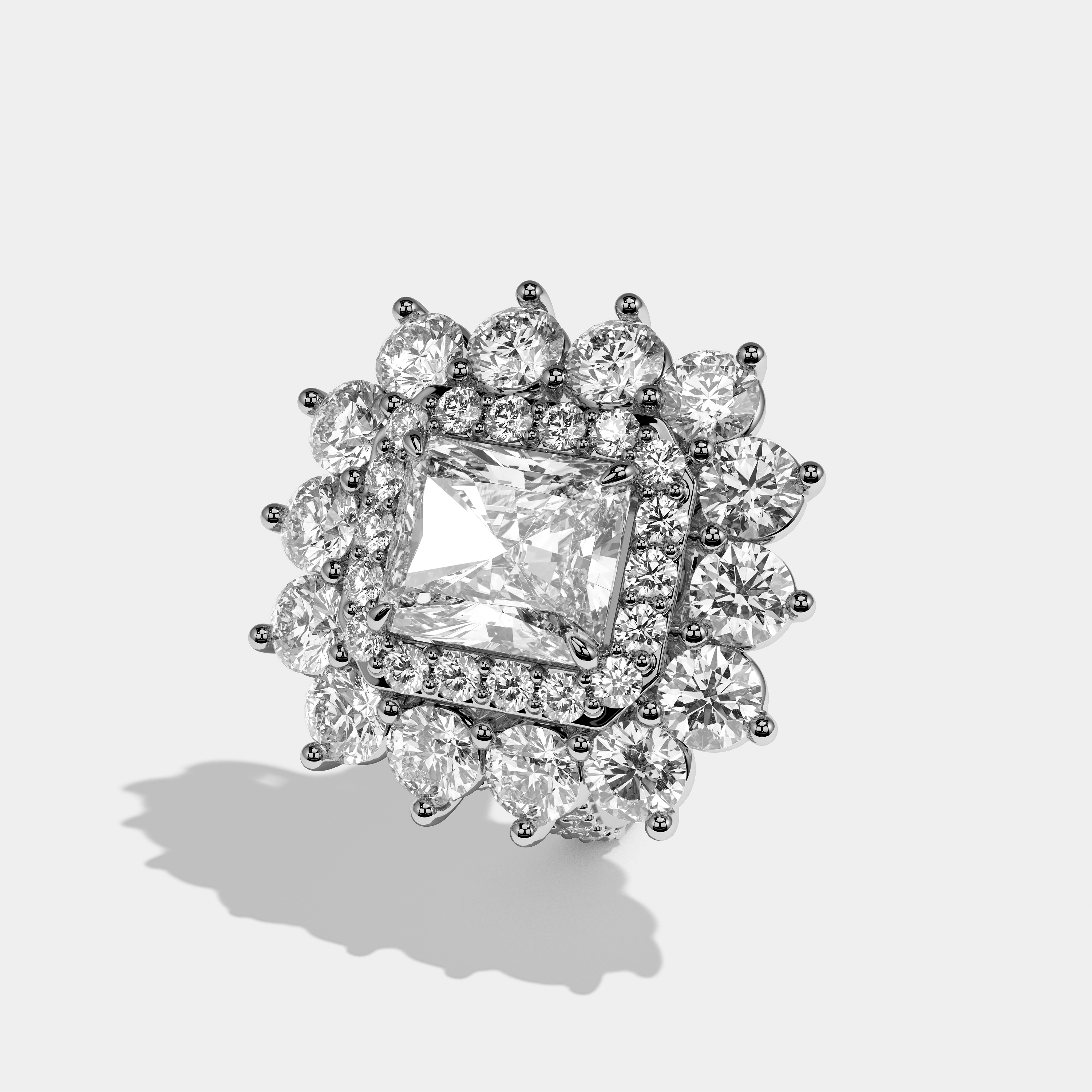 Matilda Etoile radiant diamond engagement ring in 18K white gold by Kurbãni Durjini, left view