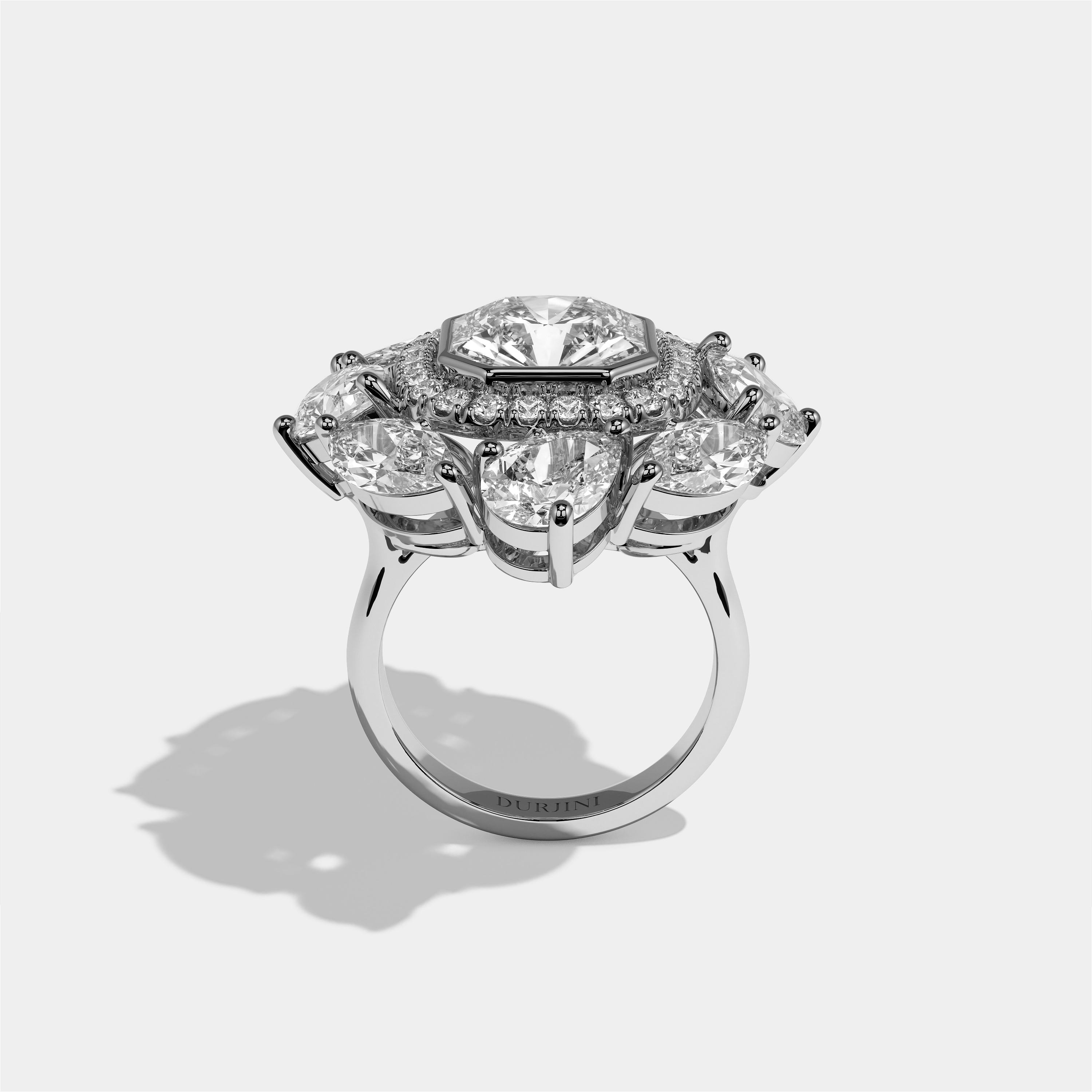 Harriet Elan custom cut diamond engagement ring in 18K white gold by Kurbãni Durjini, full view