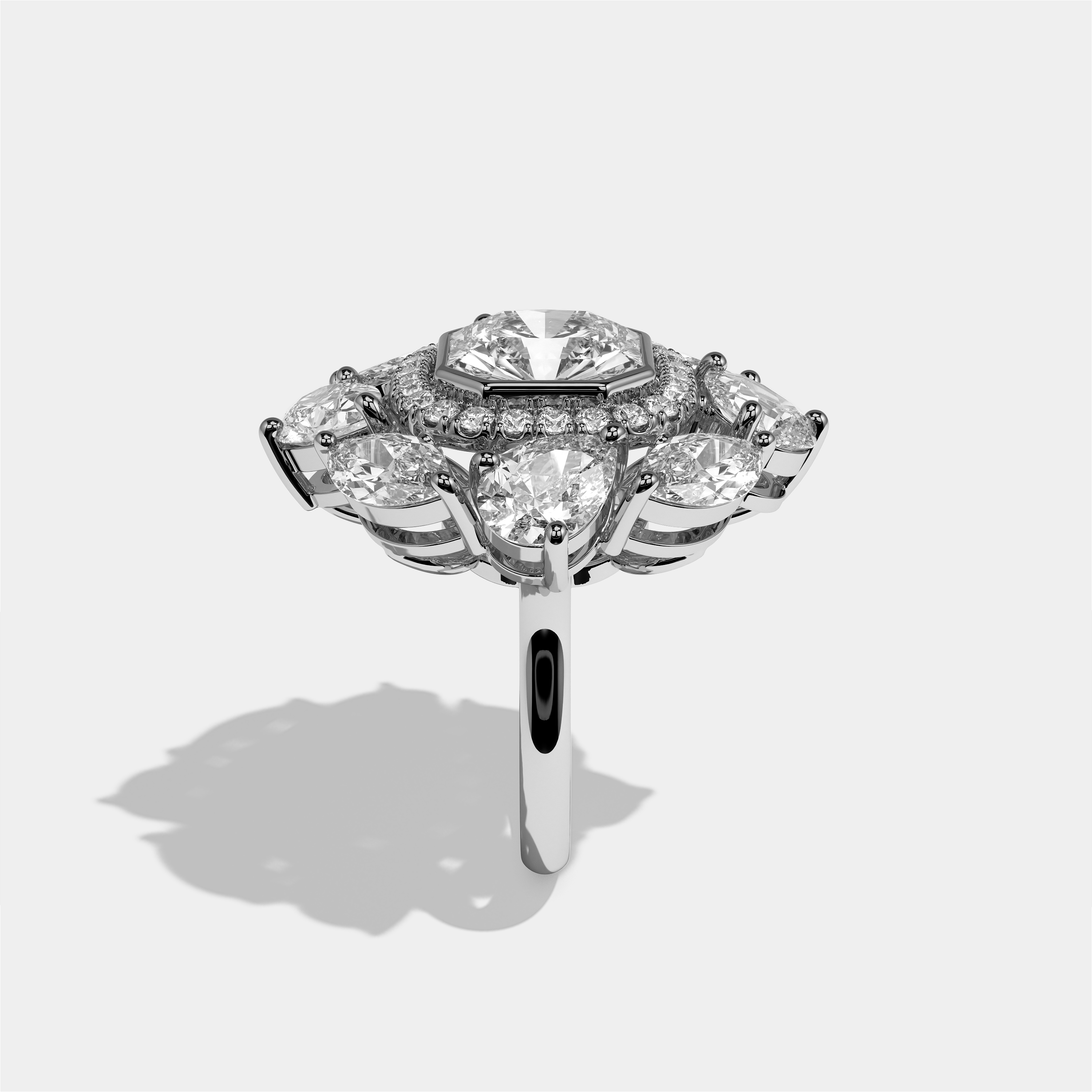 Harriet Elan custom cut diamond engagement ring in 18K white gold by Kurbãni Durjini, side view