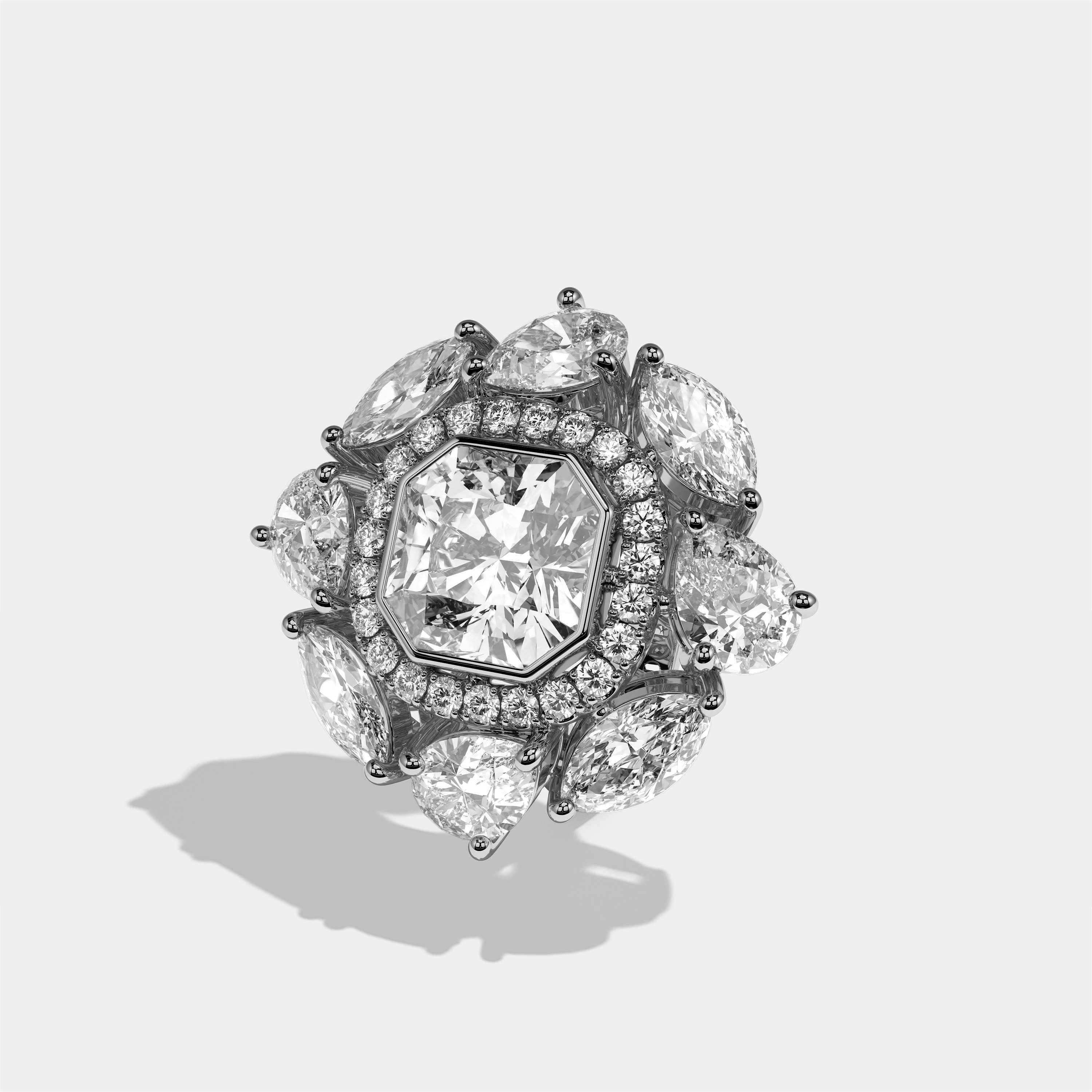 Harriet Elan custom cut diamond engagement ring in 18K white gold by Kurbãni Durjini, left view