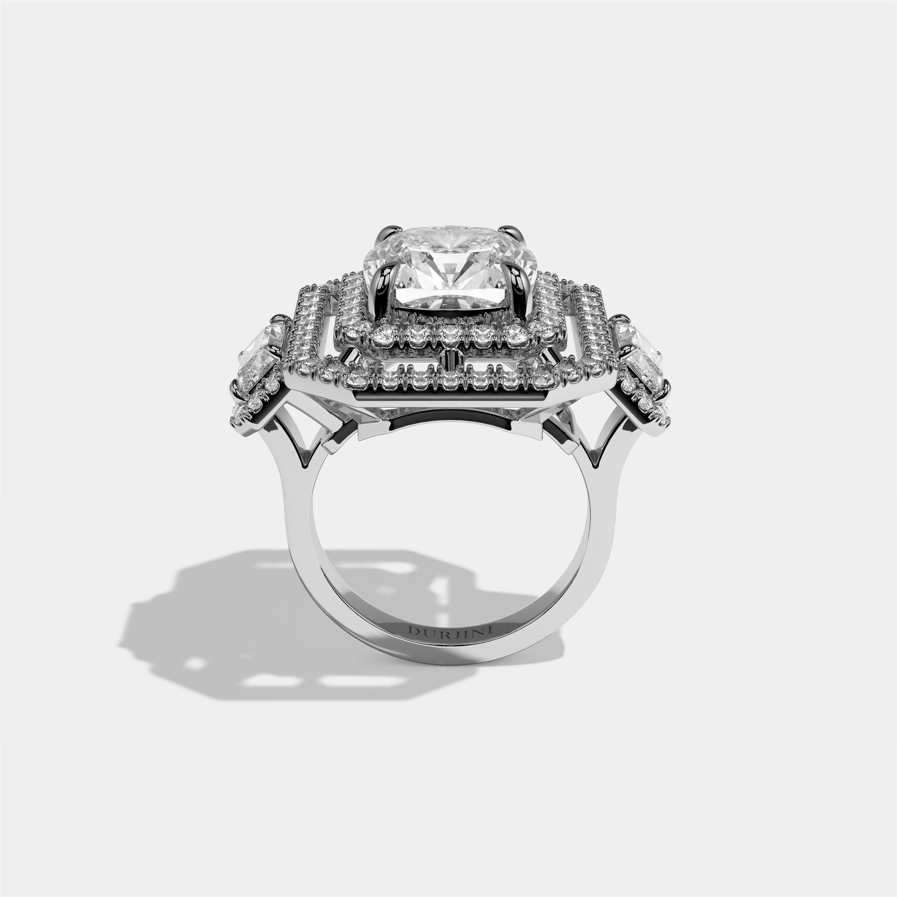 Winifred Aurora diamond cushion halo engagement ring in 18K white gold by Kurbãni Durjini, full view