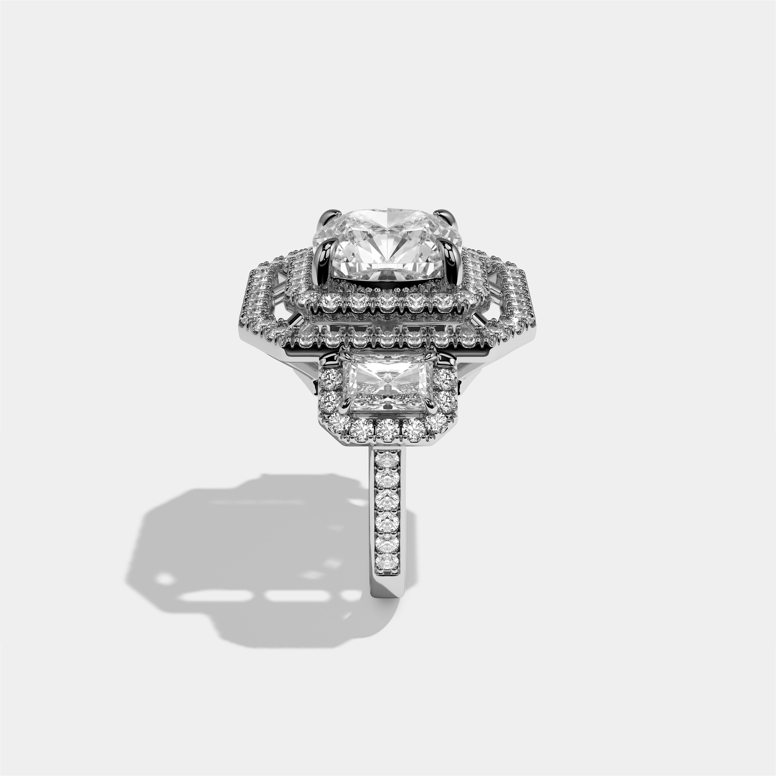Winifred Aurora diamond cushion halo engagement ring in 18K white gold by Kurbãni Durjini, side view