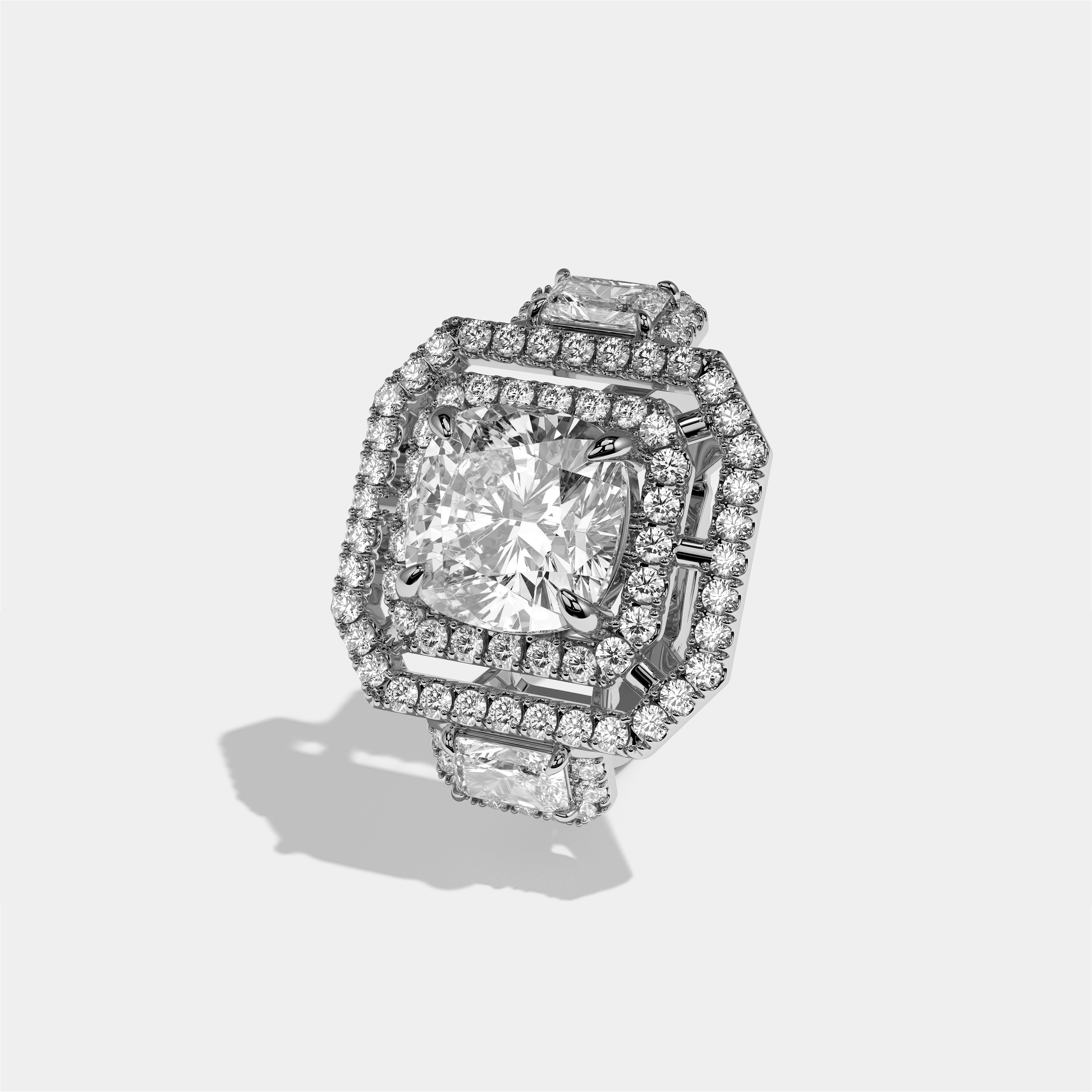 Winifred Aurora diamond cushion halo engagement ring in 18K white gold by Kurbãni Durjini, left view