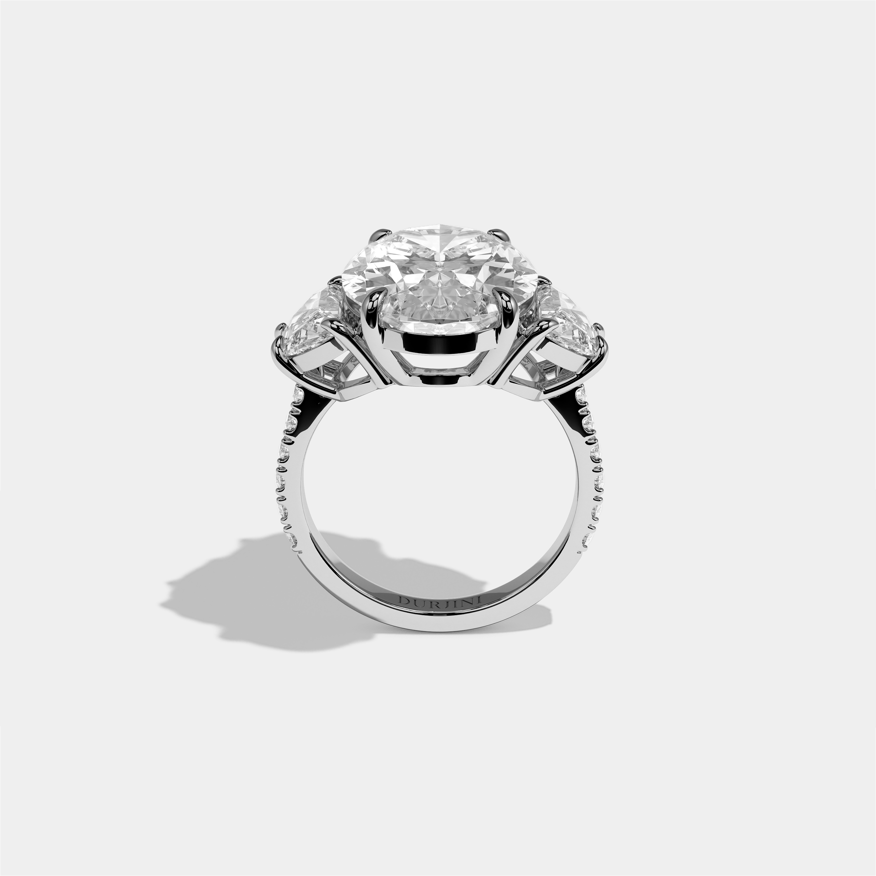 Philippa Agnes diamond oval halo engagement ring in 18K white gold by Kurbãni Durjini, full view