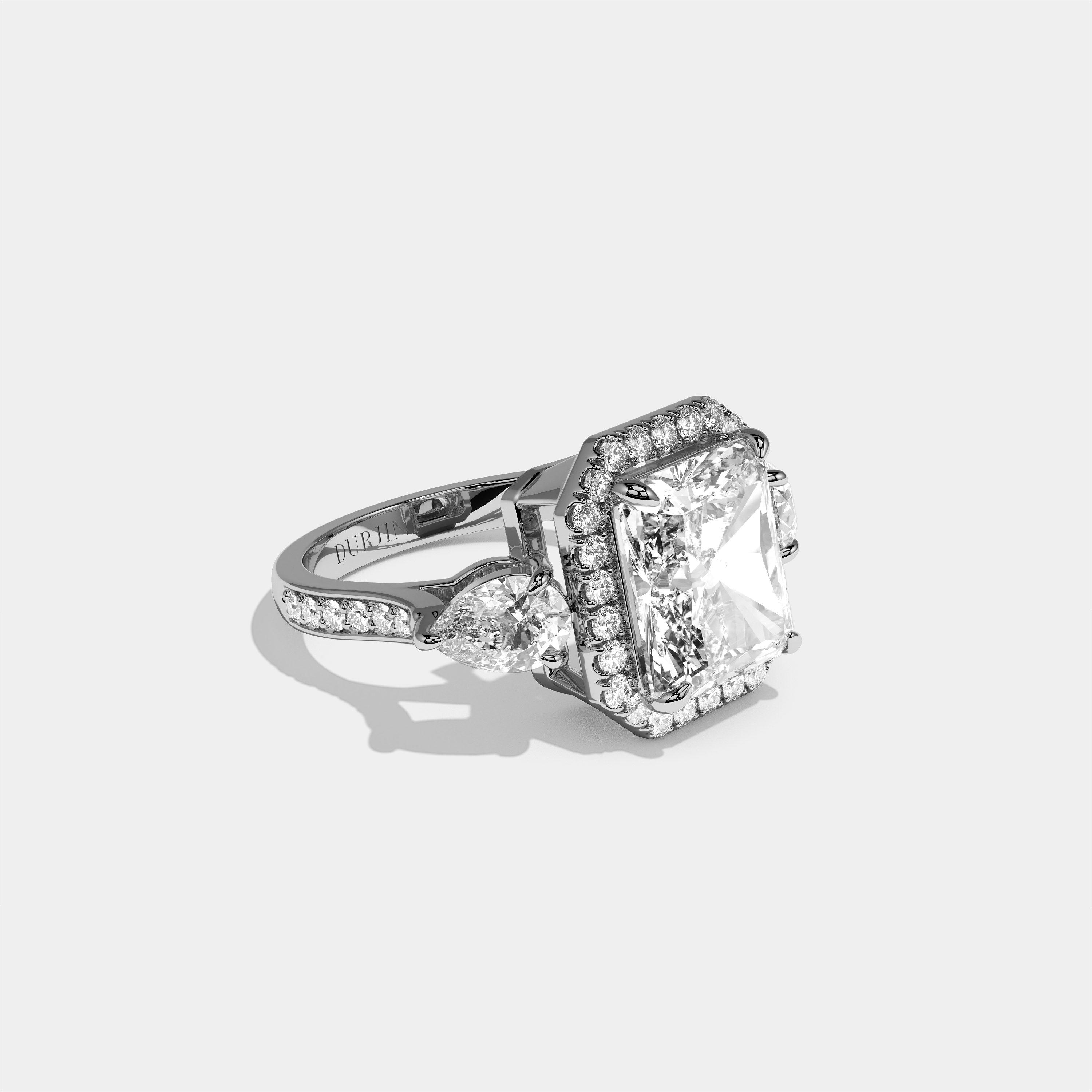 Marian Letitia diamond radiant halo engagement ring in 18K white gold by Kurbãni Durjini, right view