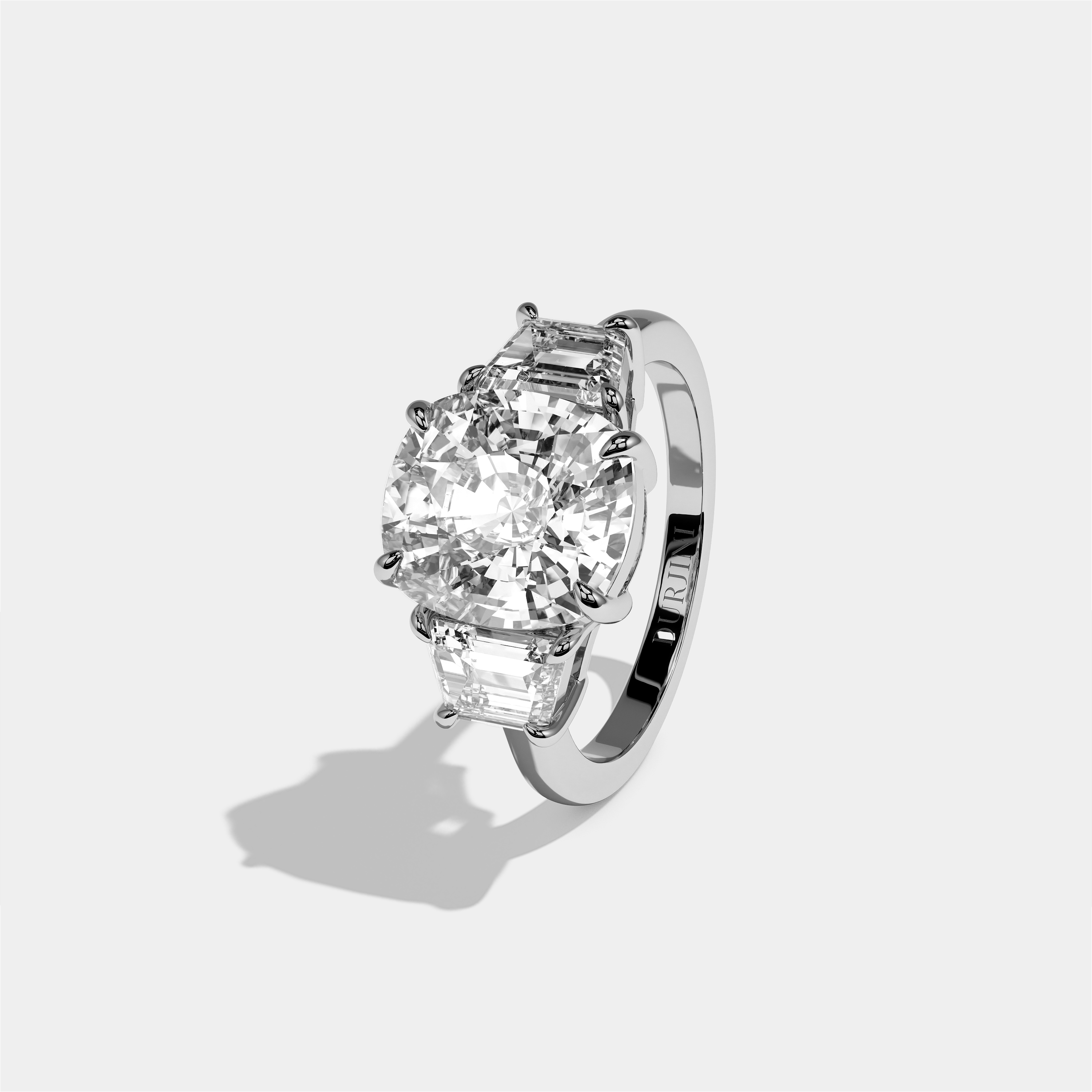 Matilda Seraphine diamond cushion engagement ring in 18K white gold by Kurbãni Durjini, left view
