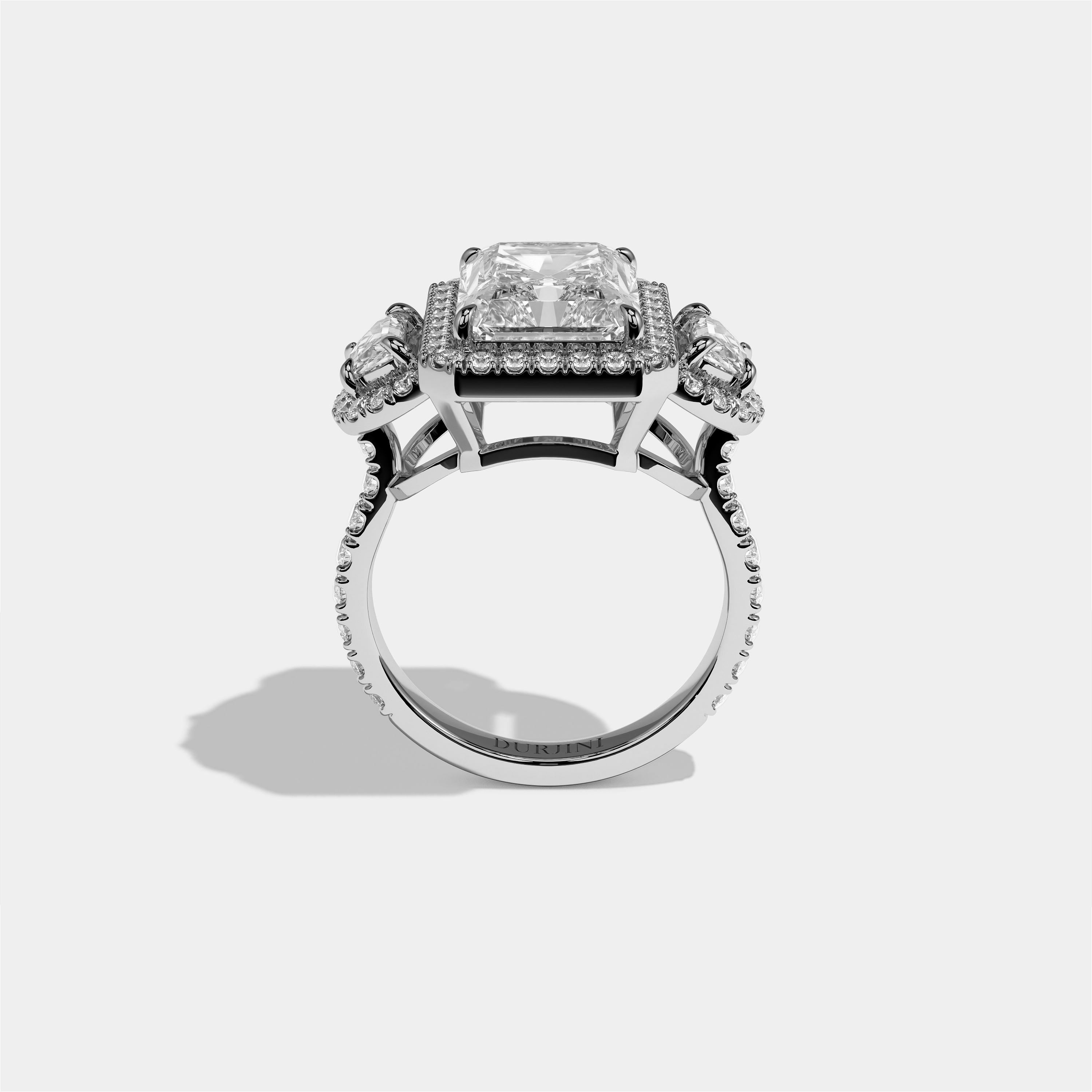 Aveline Godiva diamond radiant halo engagement ring in 18K white gold by Kurbãni Durjini, full view
