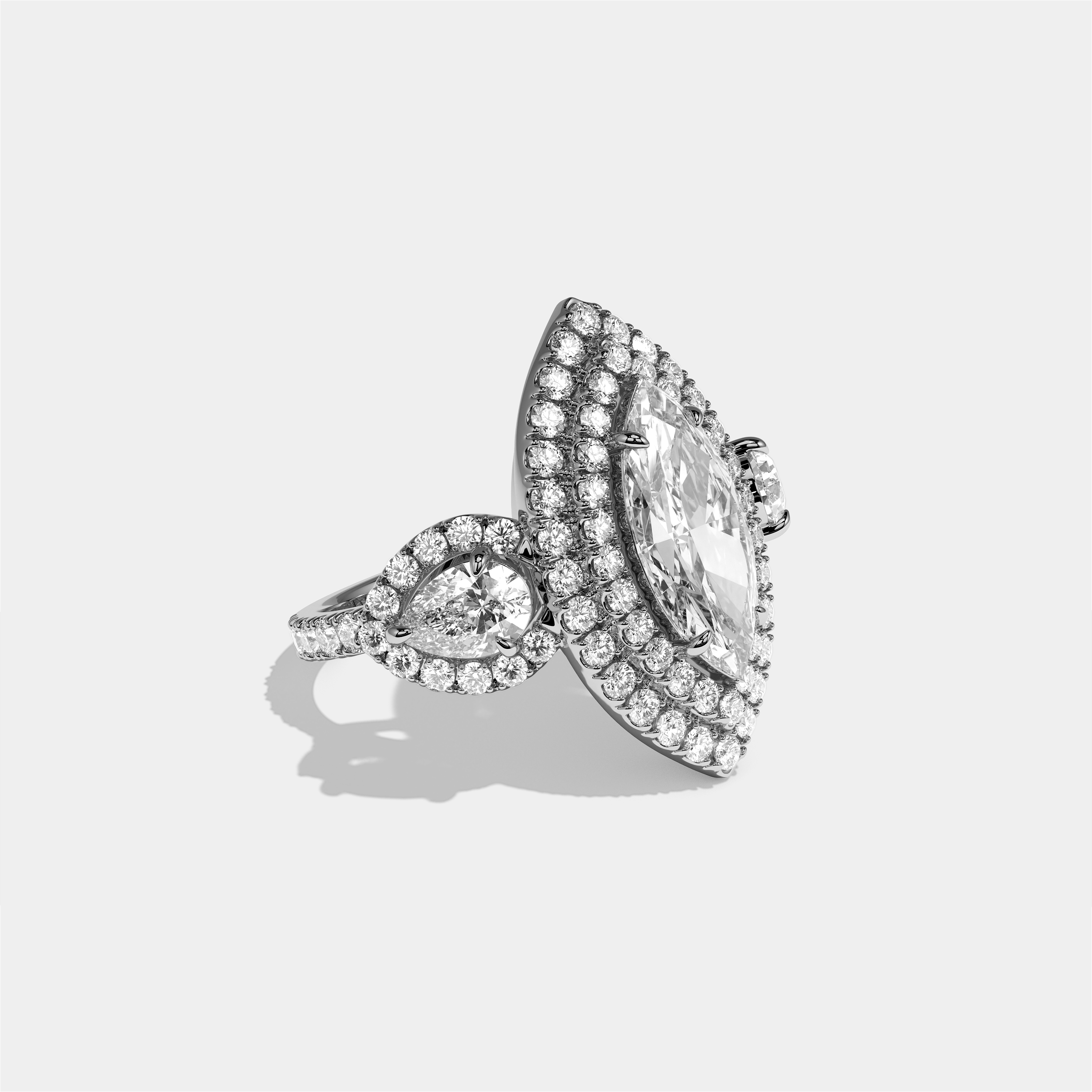 Drusilla Wexford diamond marquise halo engagement ring in 18K white gold by Kurbãni Durjini, right view