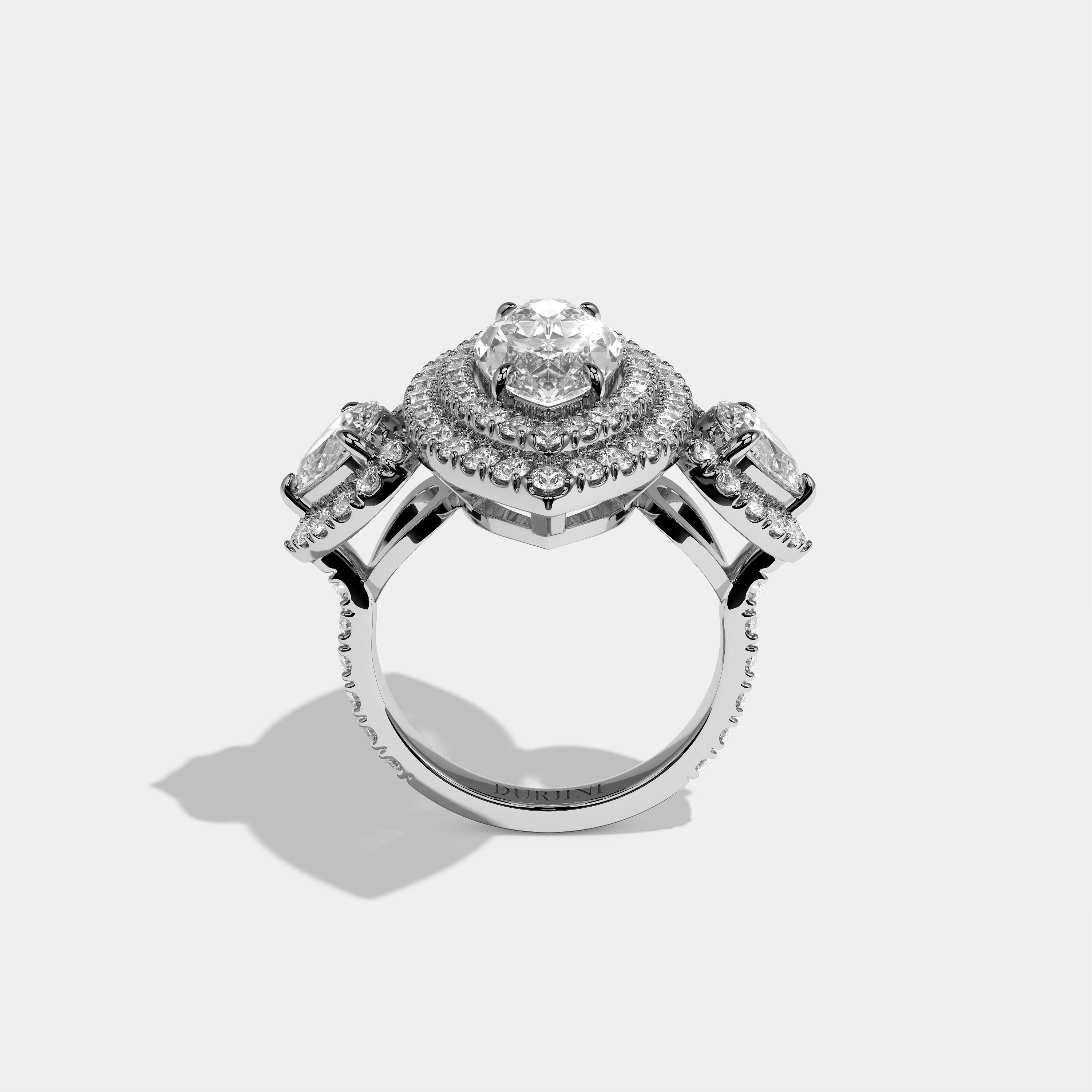 Drusilla Wexford diamond marquise halo engagement ring in 18K white gold by Kurbãni Durjini, full view