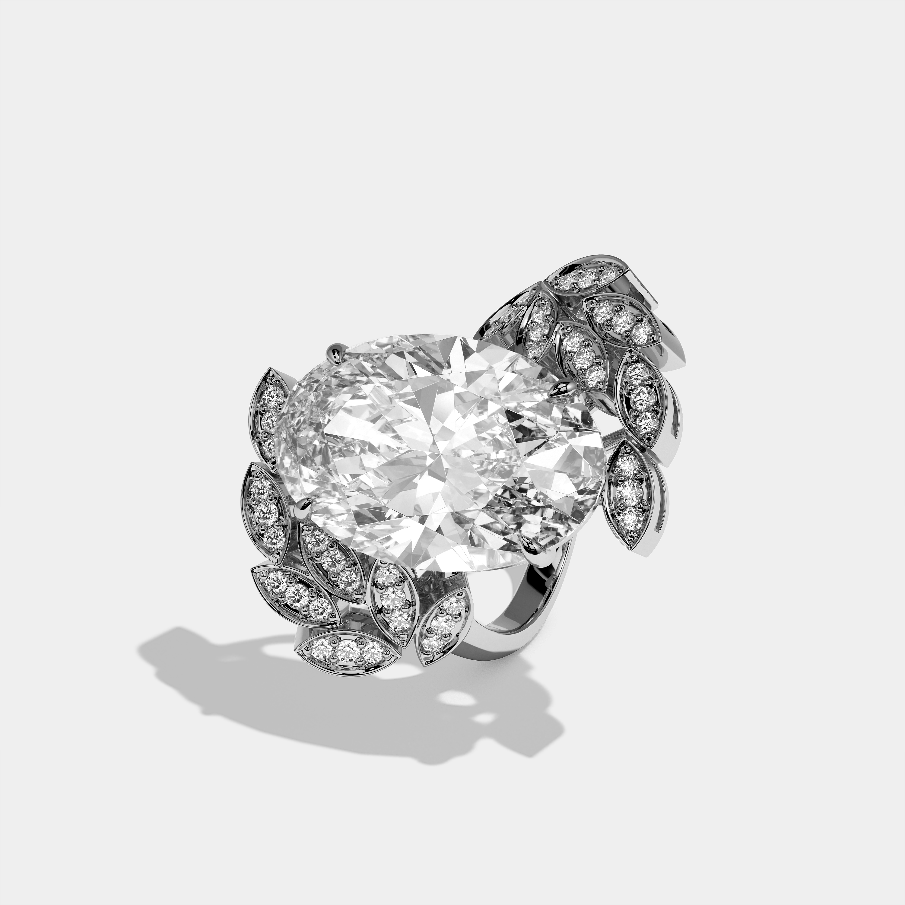 Althaea Morwen diamond oval halo engagement ring in 18K white gold by Kurbãni Durjini, left view