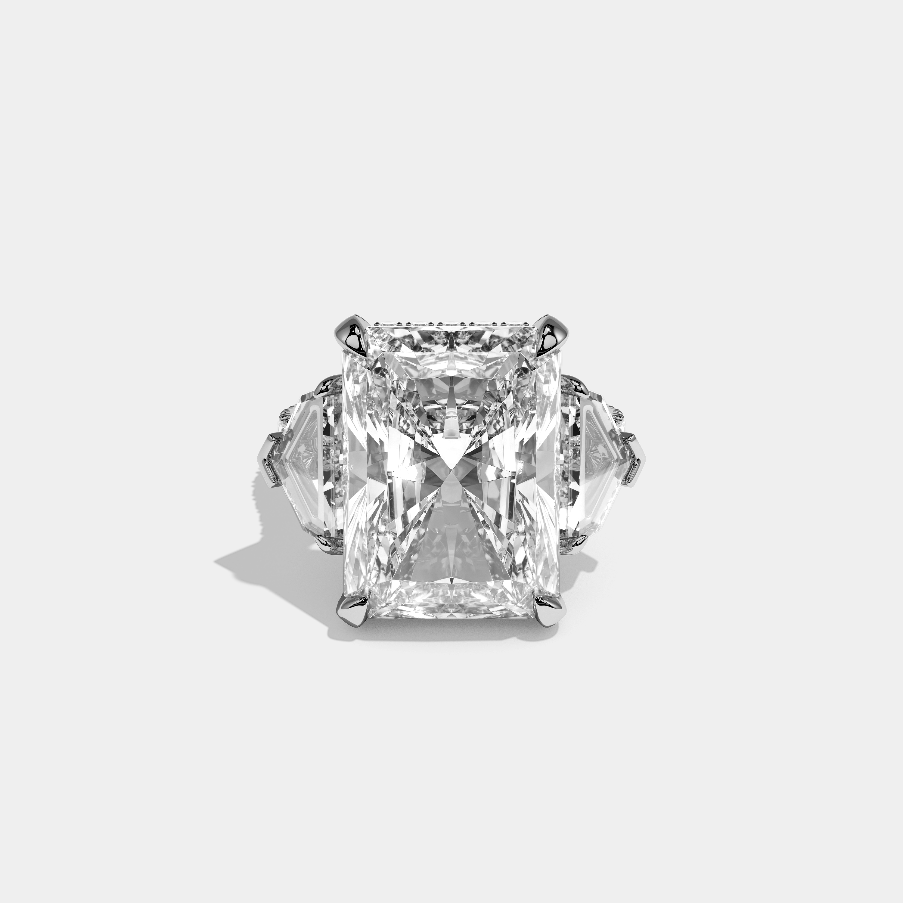 Dinah diamond radiant halo engagement ring in 18K white gold by Kurbãni Durjini, front view