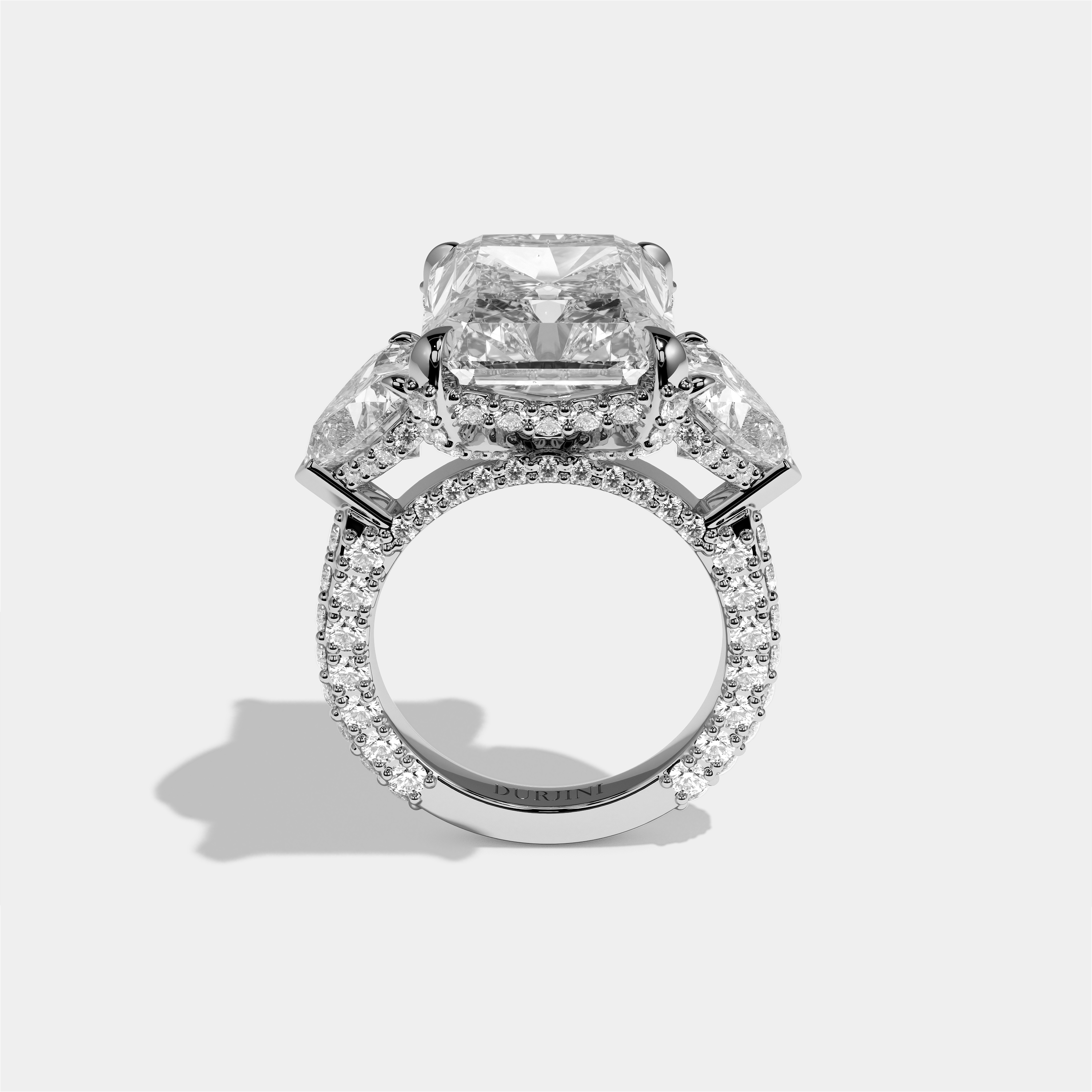 Chaya diamond radiant halo ring in 18K white gold by Kurbãni Durjini, full view