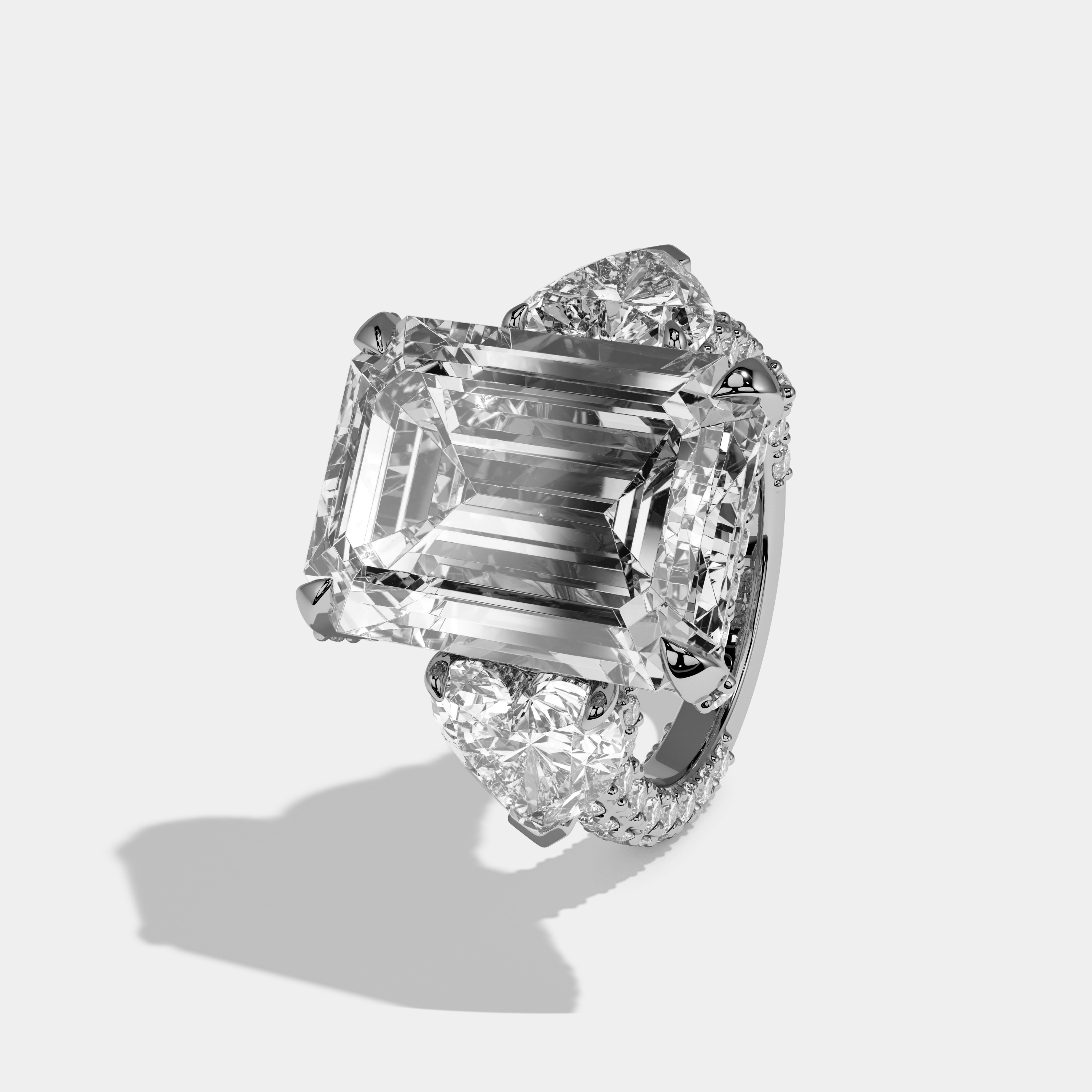 Anouk Emerald Cut Diamond Halo Engagement Ring With Twin Heart Sides 10ct 18k White Gold