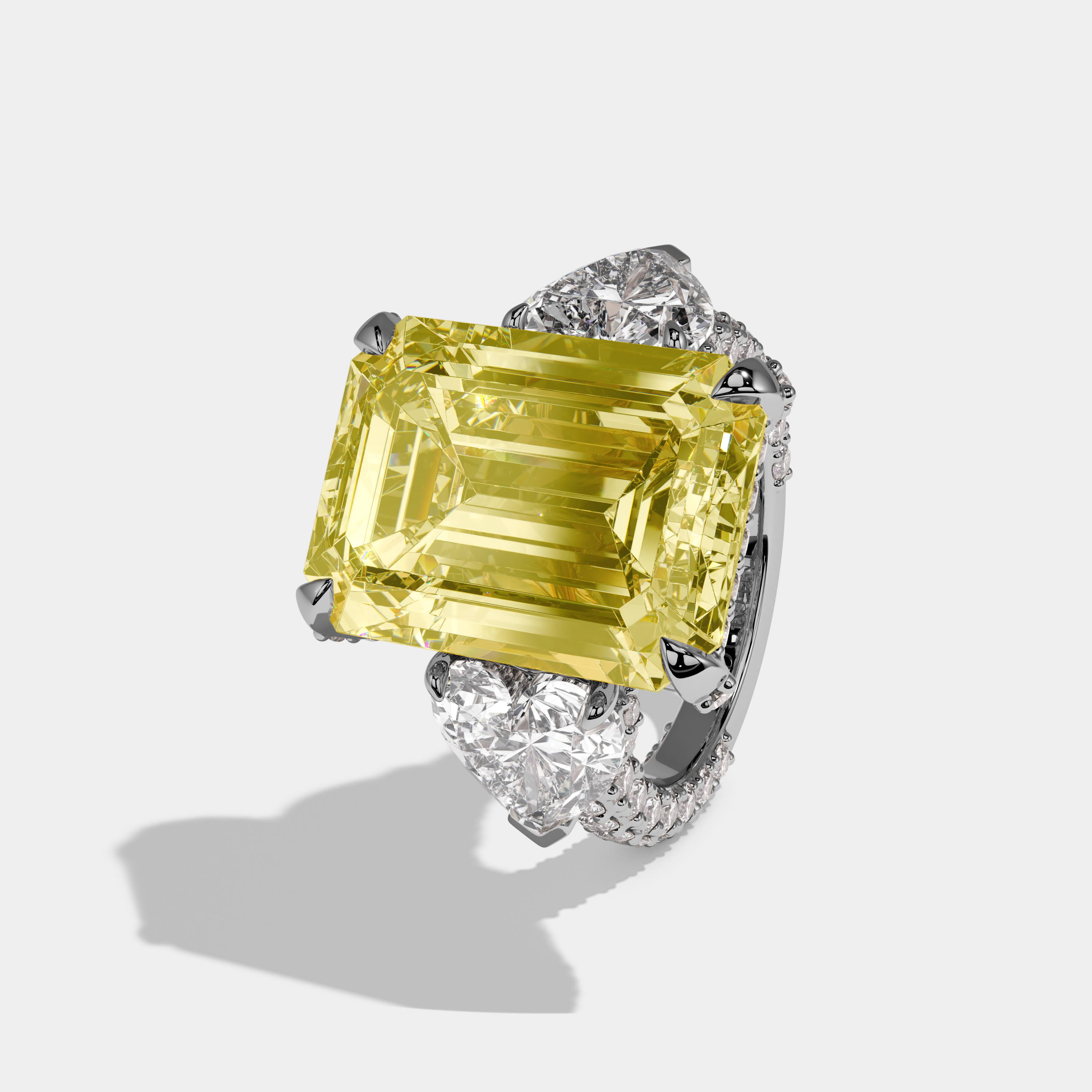 Anouk Fancy Yellow Emerald Cut Diamond Halo Engagement Ring With Twin Heart Sides 10ct 18k White Gold