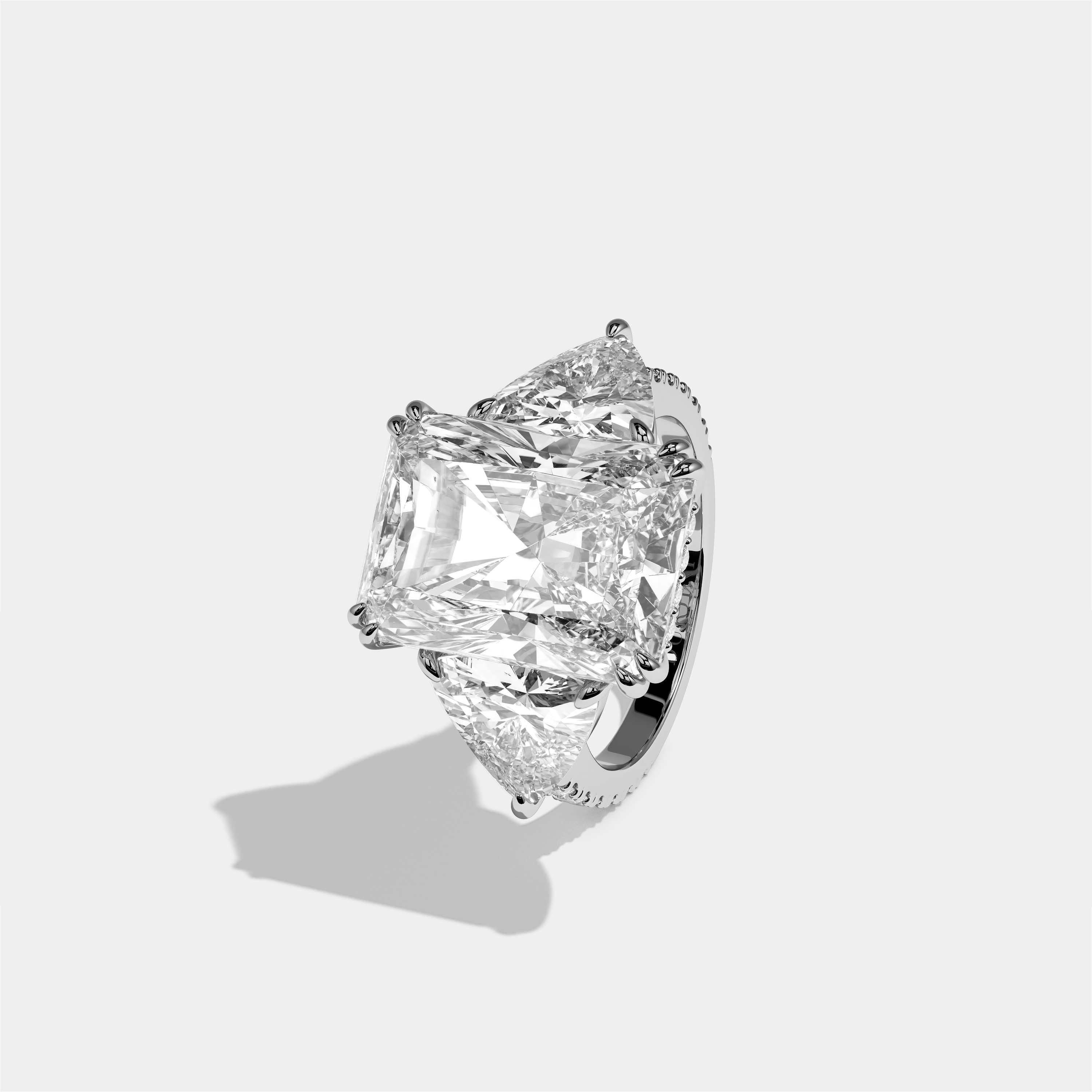 Tzipporah diamond radiant halo engagement ring in 18K white gold by Kurbãni Durjini, left view