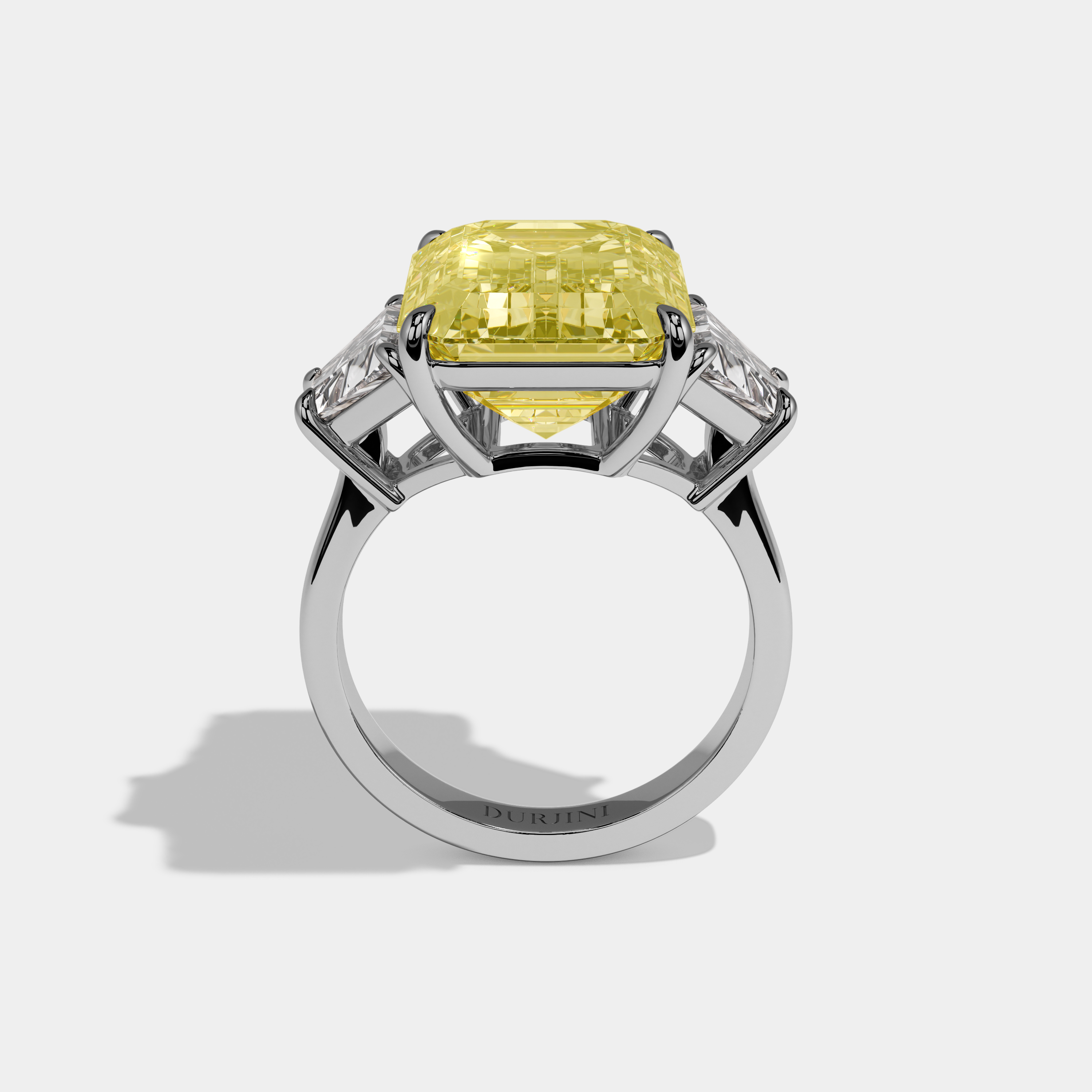 Evelina Fancy Yellow Emerald Cut Diamond Plain Band With Step Cut Sides Engagement Ring 10ct 18k White Gold
