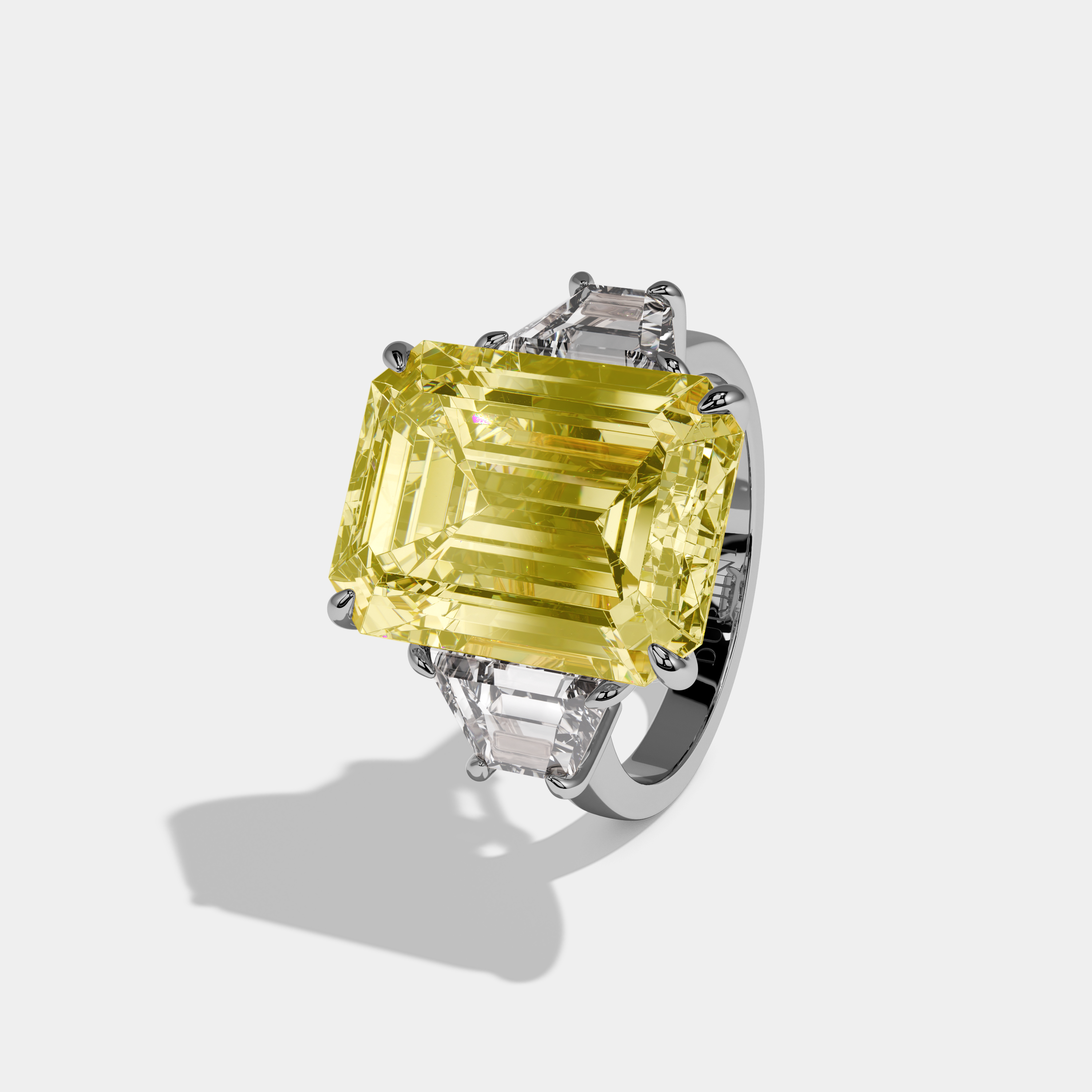 Evelina Fancy Yellow Emerald Cut Diamond Plain Band With Step Cut Sides Engagement Ring 10ct 18k White Gold