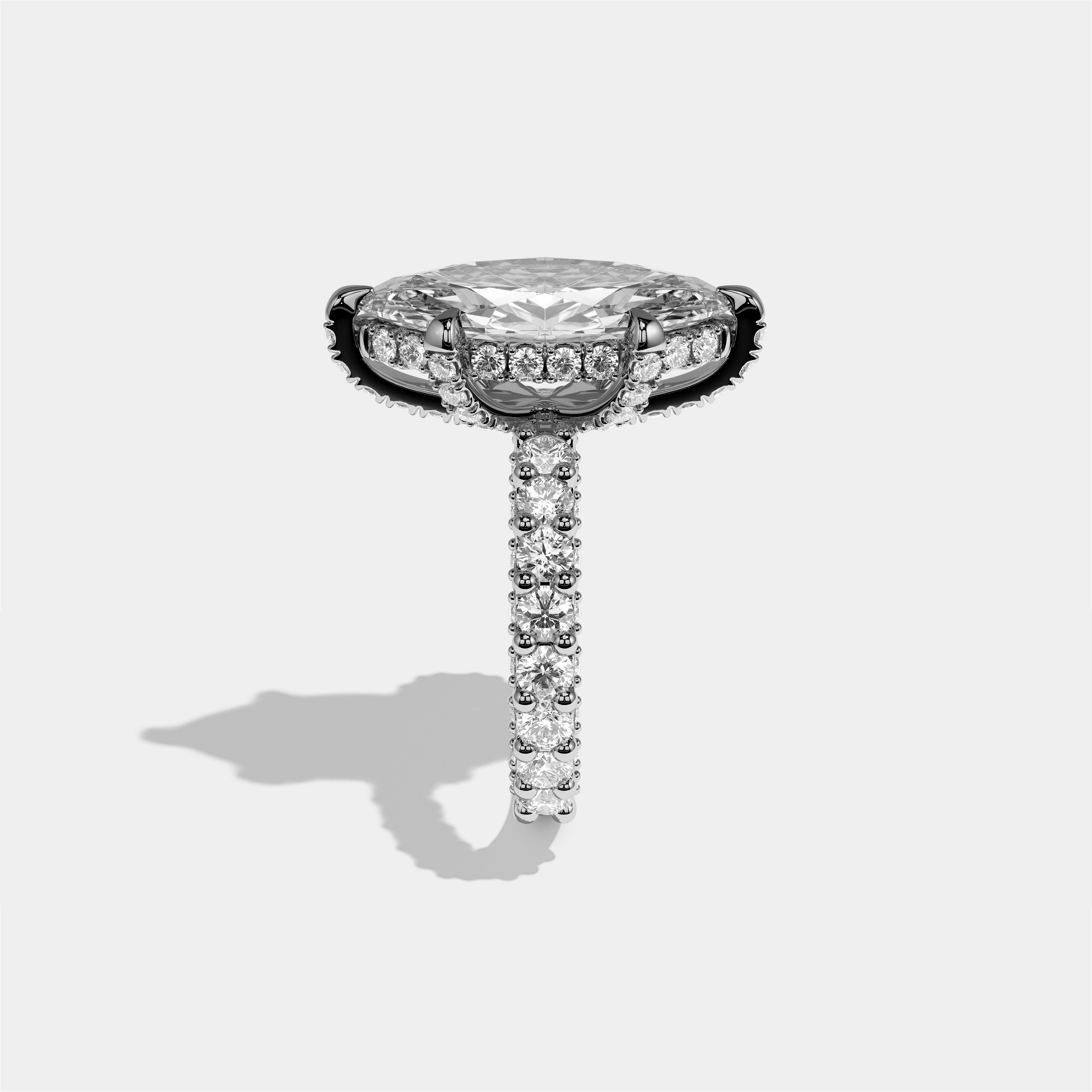 Aviva diamond marquise halo engagement ring in 18K white gold by Kurbãni Durjini, side view